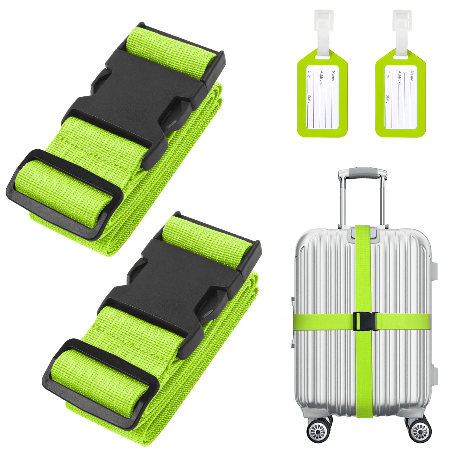 Flintronic 2 Pcs Luggage Straps with Luggage Tags, Adjustable Packing Belts for Suitcases Security Non-Slip Travel Belt Travel Accessories（Green）