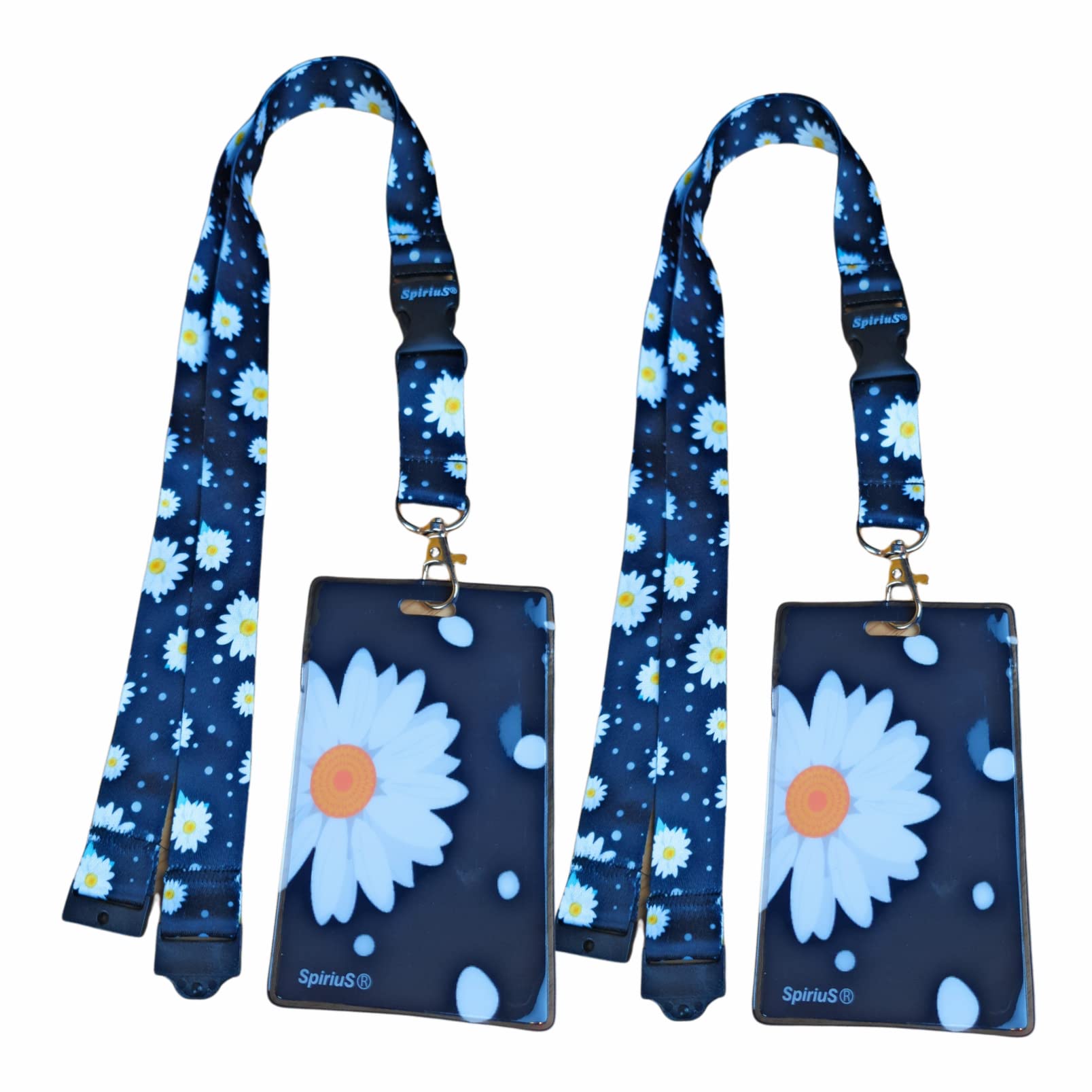 SpiriuS 2 Set Daisy Lanyard with Card Holder, Neck Strap Flowers Lanyard and Waterproof Transparent Badge Holder for ID Card Keys Tickets, Office School (2 x Daisies in Black Unique)