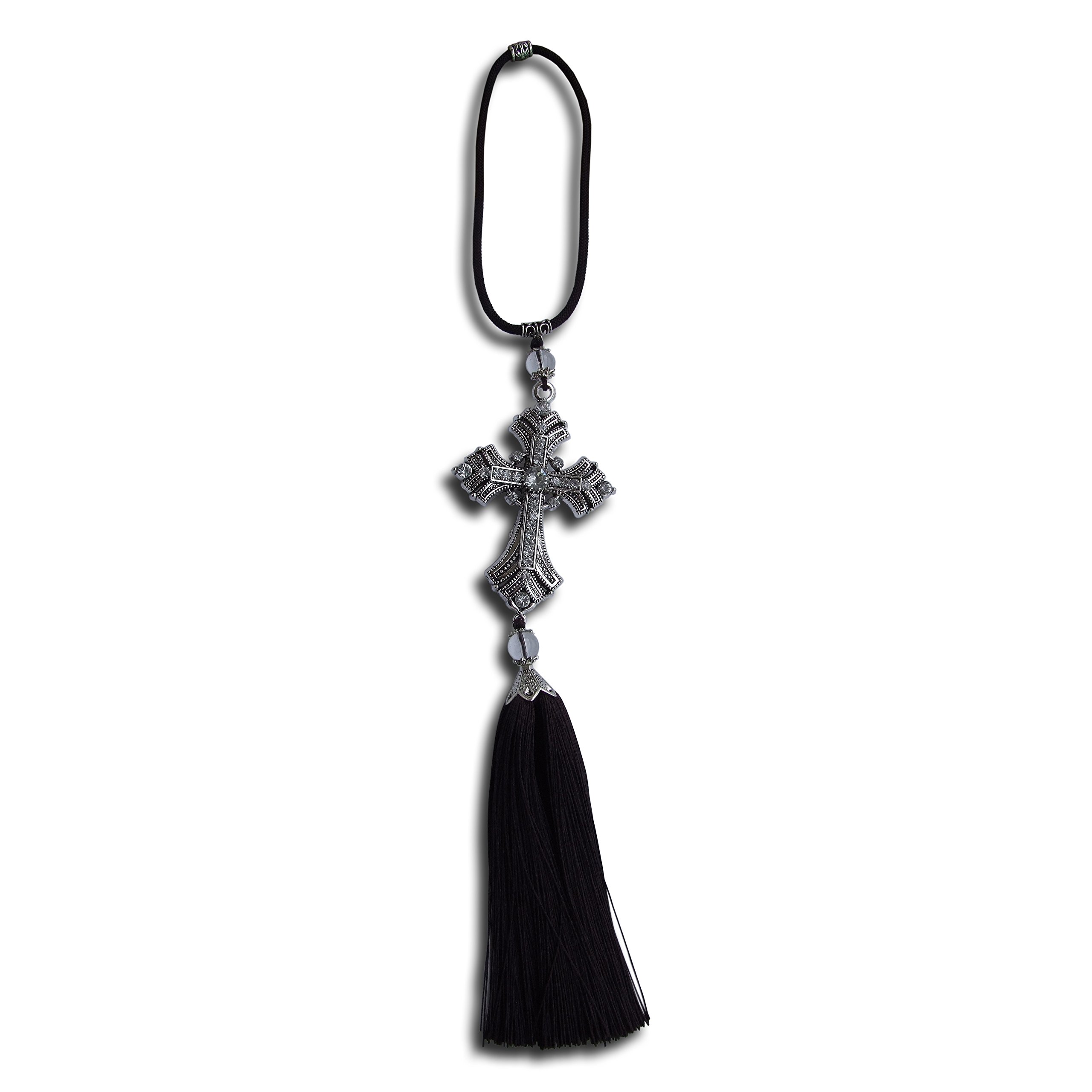 Holy Crystal Cross Lucky Car Rearview Pendant Roadster Interior Accessories Christian Item for Auto Mirror Charm vehicle Ornament Hanging Catholic Amulet Gift Decoration with Tassel