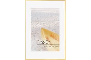 FLYJOE 16x24 Frame | 16x24 Gold Frame With Mat For 12x18 | Metal Aluminum Picture Frame With Tempered Glass | Minimalist Modern Poster Frame | Hanging Hardware Included | Gold