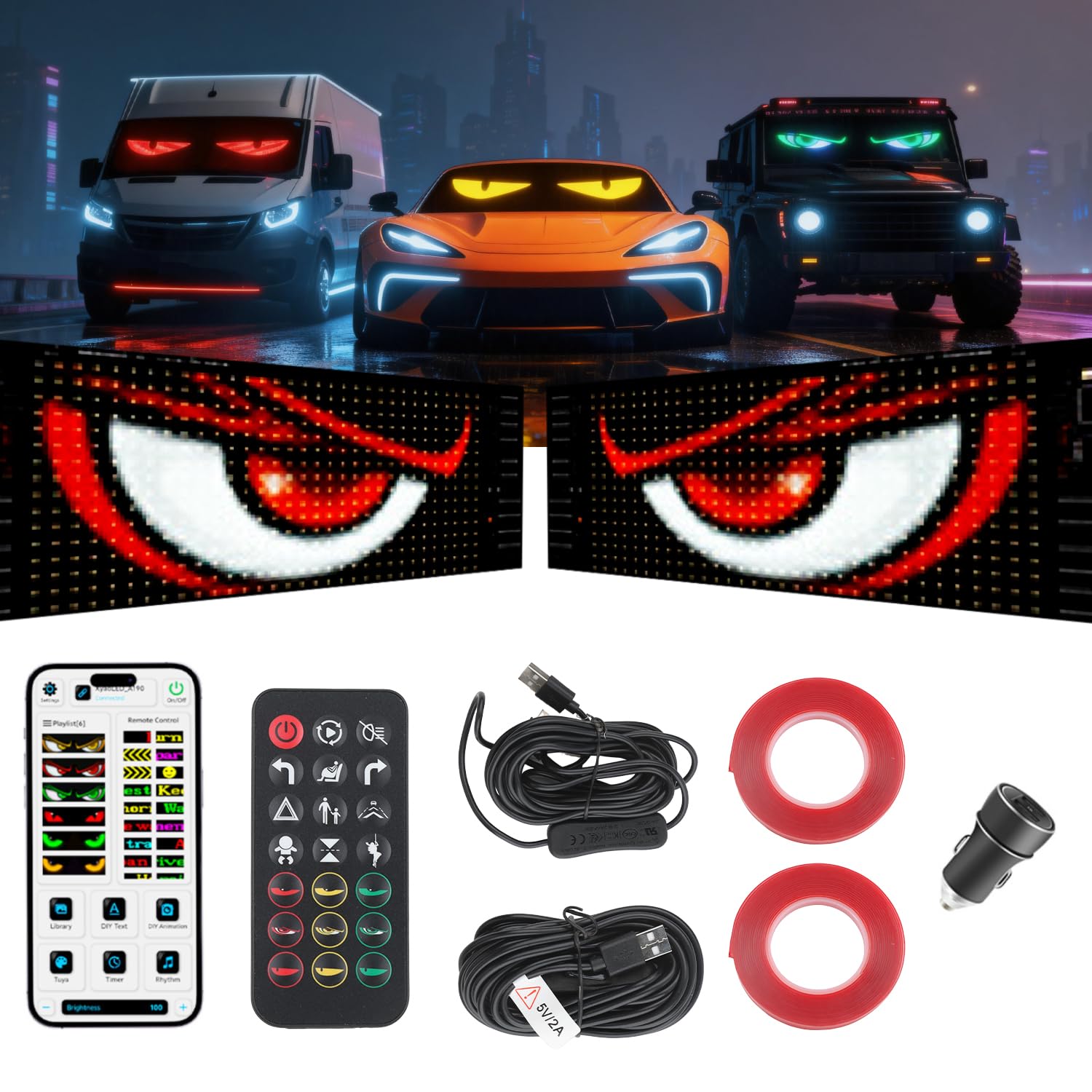 Photo 1 of 2PCS Devil Eyes LED Light for Car Windshield, 23.6"x4.73" Customizable App Control Animated Programmable Flex Display - IP68 Waterproof USB-Powered for Cars/Trucks/SUVs/Motorcycles