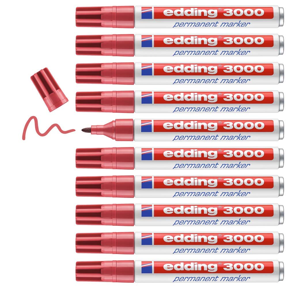 edding 3000 permanent marker - carmine-red - box of 10 - round tip 1.5-3 mm - quick-drying permanent markers - waterproof, smudge-proof - for cardboard, plastic, wood, metal, fabric - marker pens