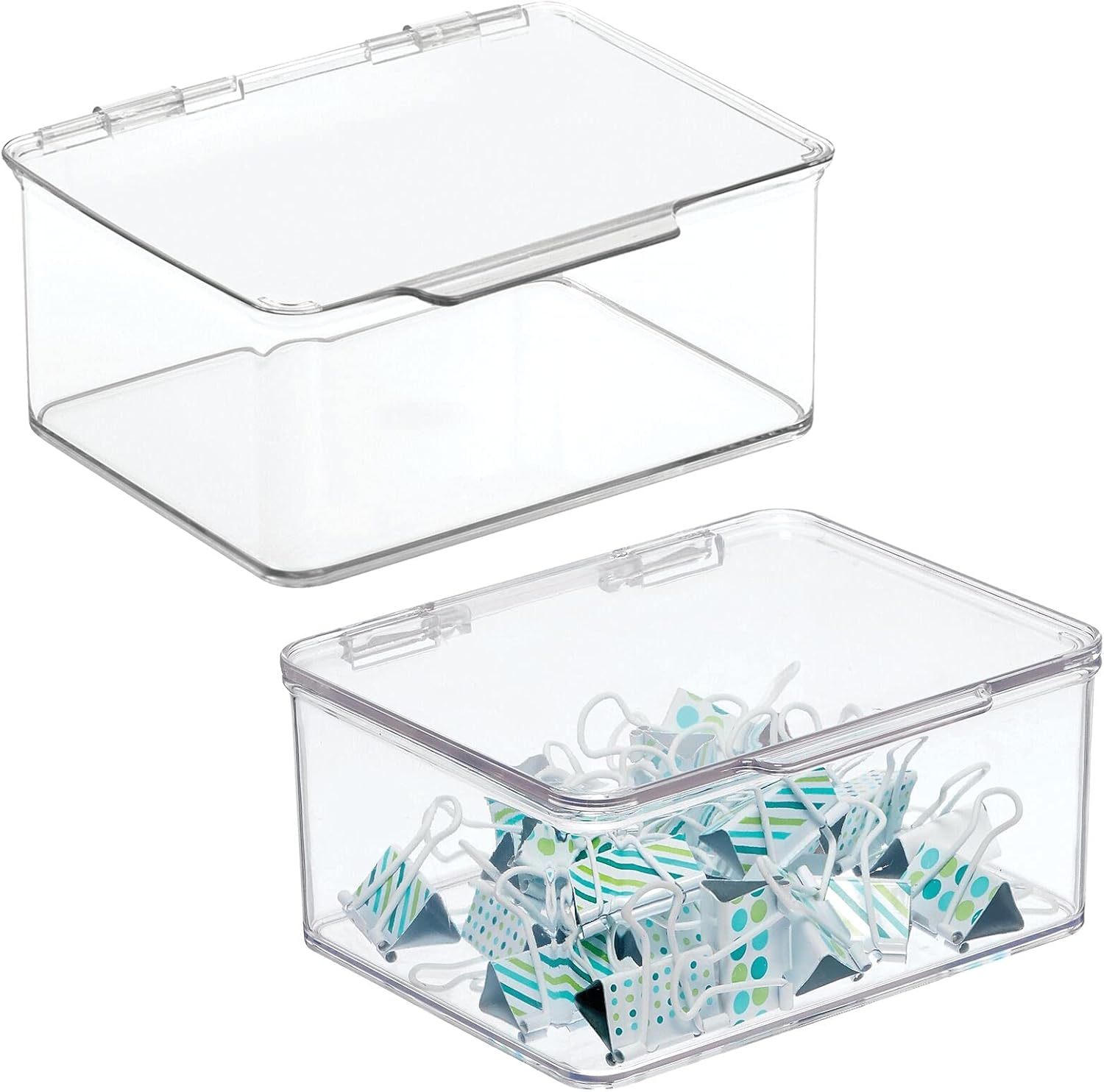 mDesign Small Mini Plastic Stackable Home, Office Supplies Storage Organizer Box with Attached Hinged Lid - Holder Bin for Note Pads, Gel Pens, Staples, Dry Erase Markers, Tape - 2 Pack - Clear : Office Products