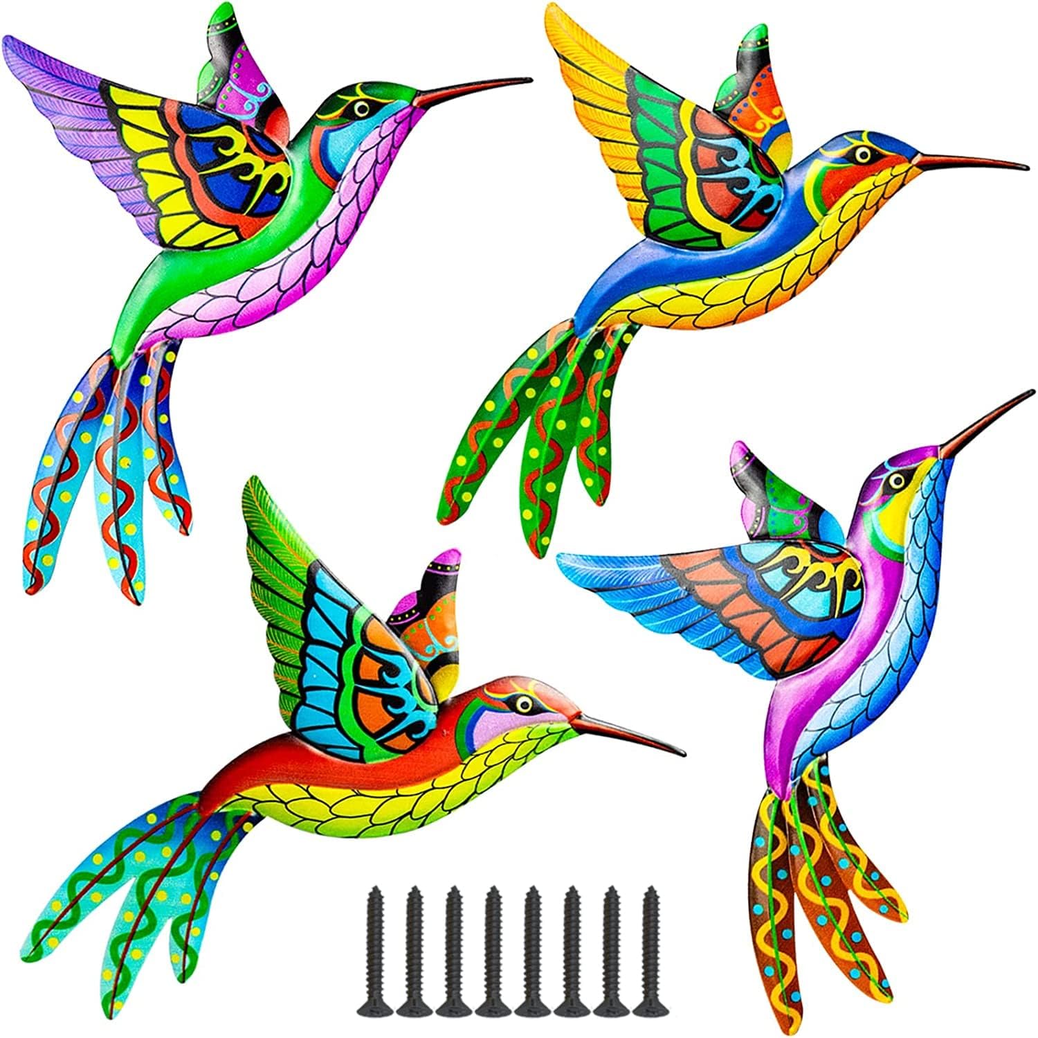 Plaques & Wall Art - 4 Pack Metal Hummingbird Wall Art Decor 10.5 Inches, 3D Outdoor Wall Art Patio Fence Decorations, Colorful Metal Yard Art Hanging Garden Decor for Outside, House, Porch, Living Room, Christmas Gift