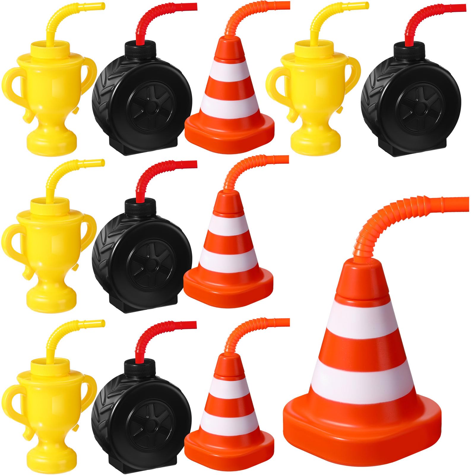 Photo 1 of Mifoci 12 Pack Construction Tire and Cone Cups with Straw Bulk, 10 oz Plastic Yellow Trophy Drinking Cups Traffic Cones Party Favor for Construction Traffic Theme Racing Car Birthday Party Supplies