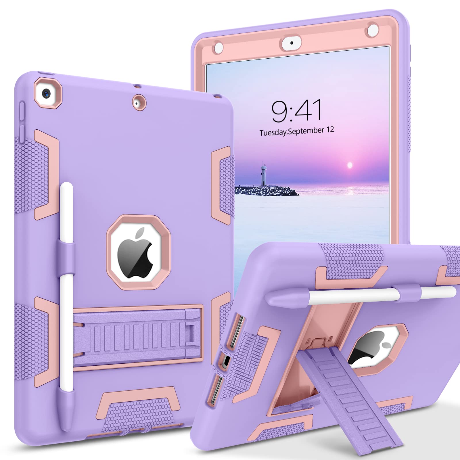 BENTOBEN for iPad 9th/8th/7th Generation Case, iPad 10.2 inch 2021/2020/2019 Case Kids, 3 in 1 Heavy Duty Rugged Shockproof Protective Cover with Kickstand Pencil Holder, Purple/Pink — image 1