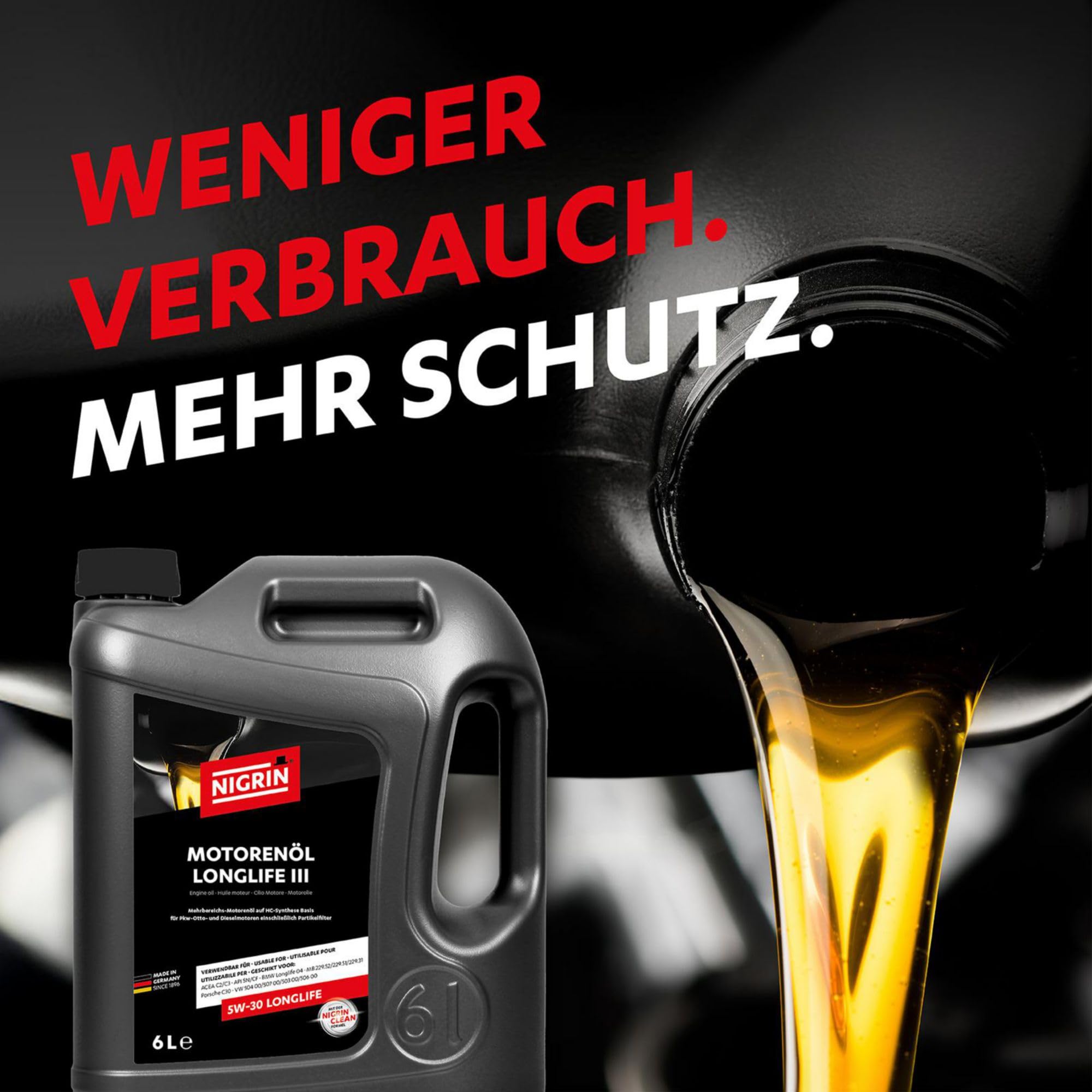 NIGRIN Motorenöl 5W-30 LongLife III | 6 Liter | für Pkw- Otto- und Dieselmotoren einschließlich Partikelfilter, Mehrbereichsmotoröl auf HC-Synthese Basis, VW 504 00/507 00/503 00/506 00 4