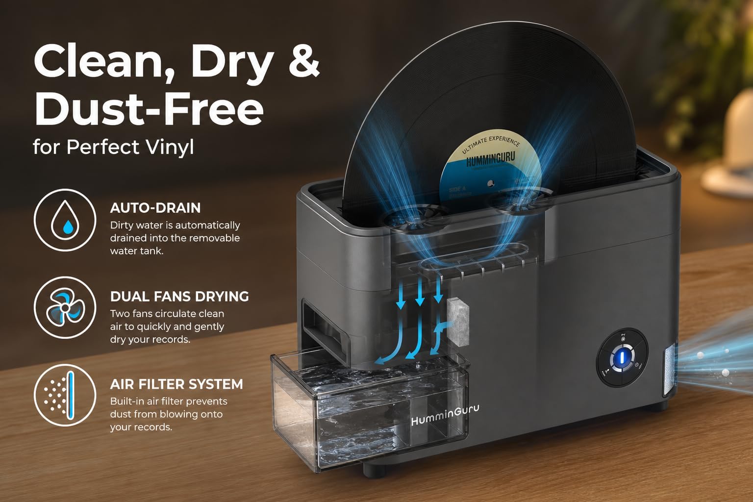 HumminGuru Ultraschall-Schallplattenreiniger – 40-kHz-Ultraschall-Schallplatten-Reinigungsgerät mit automatischer Trocknung, schallplatten reinigungsset mit wasserfilter (Dunkelgrau, 12 Zoll) 5