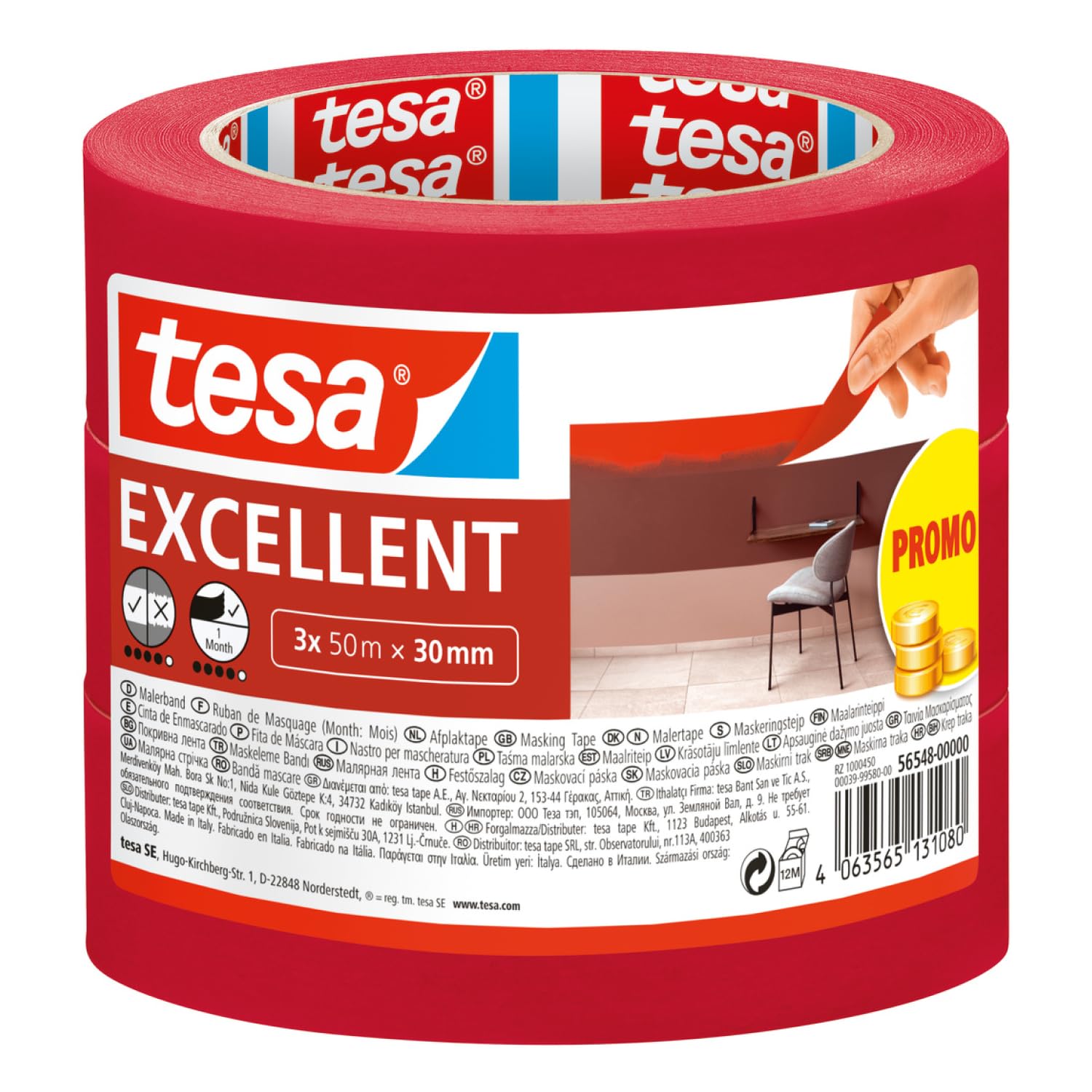 tesa Masking Tape Excellent - Painter's tape with thin paper backing for masking during painting work - for all paints, varnishes, and glazes - for indoor use - 3x 50 m x 30 mm