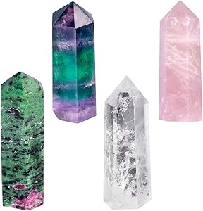 TUMBEELLUWA Pack of 4 Hexagonal Crystal Wands Healing Chakra Single-Pointed Column Polished Reiki Quartz Meditation Home Decor