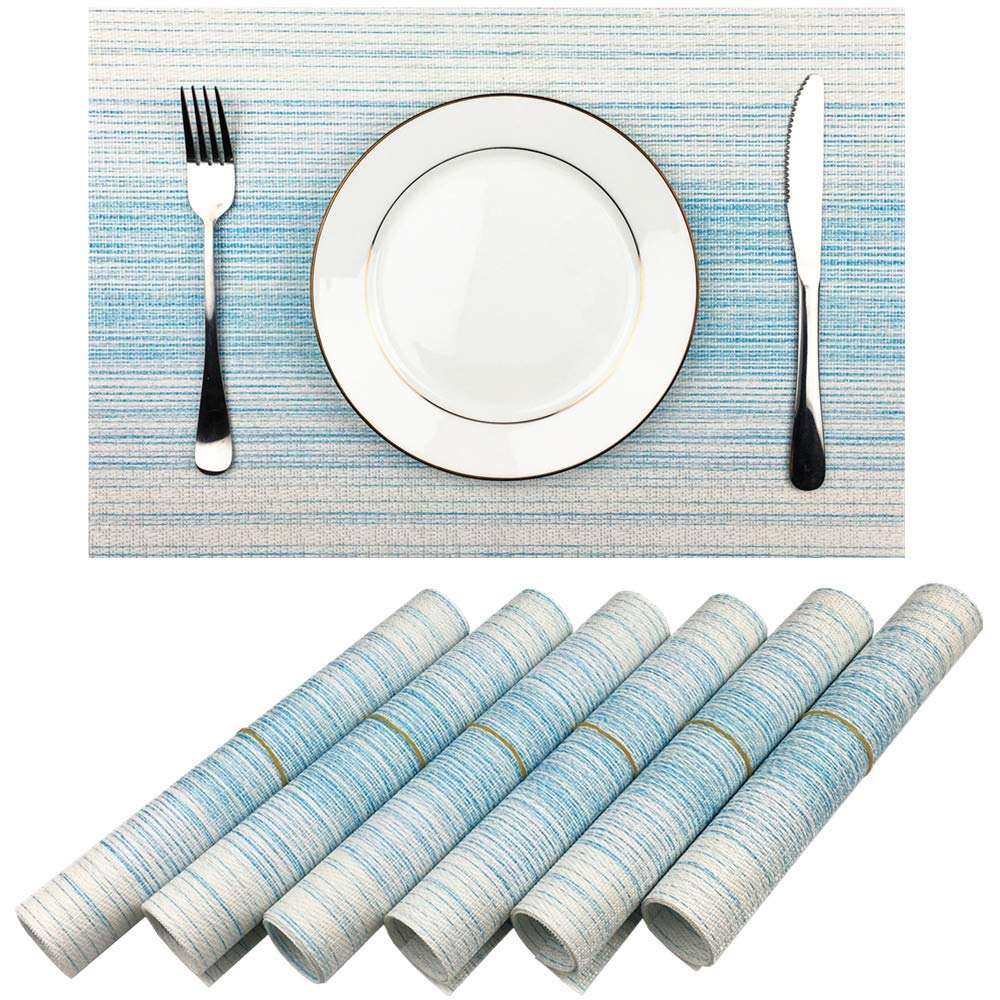 Photo 1 of Placemat,Blending Color Durable Woven Vinyl Placemat Washable Heat-Resistant Anti-Skid Kitchen Dining Table Mats (Set of 6, Blue with White)