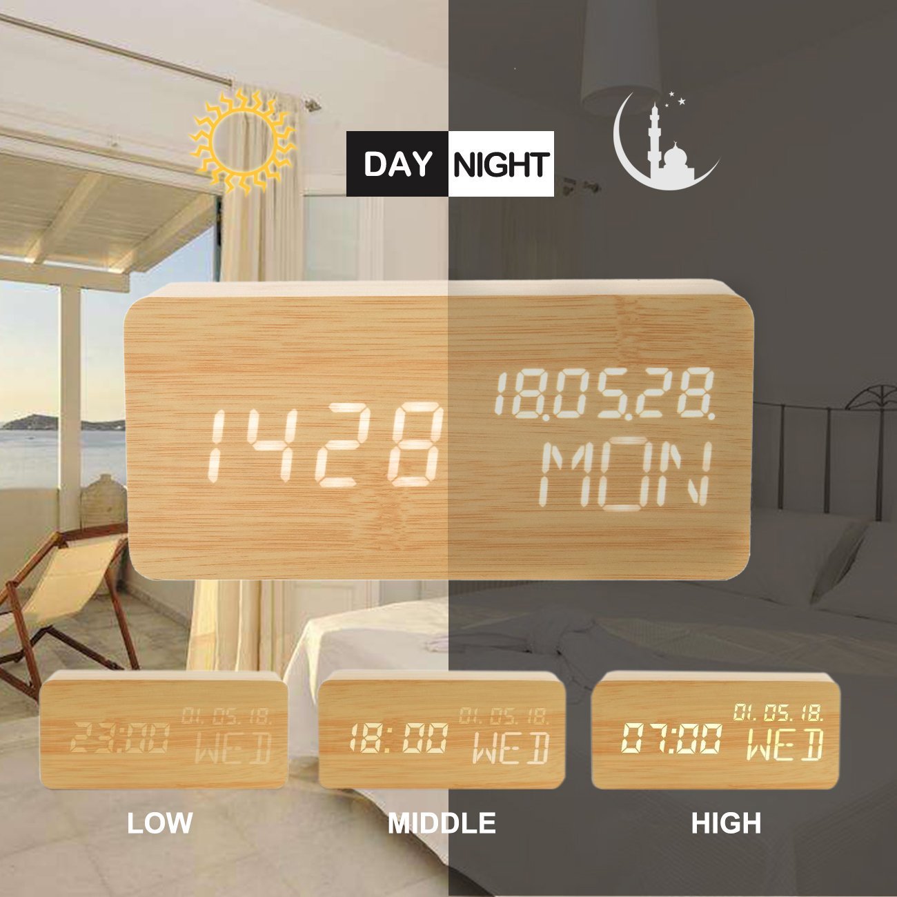 wivarra Réveil en Bois Numérique Réveil LED en Bois Horloge Numérique Activation 3 Niveaux Luminosité 3 Alarmes Afficher Heure Date Semaine Température Alimenté par USB ou Batterie
