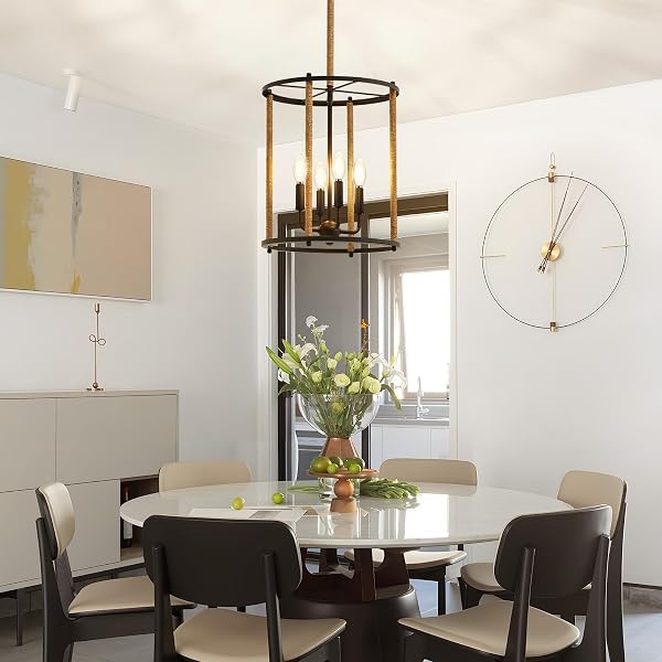 LUVKCZC 4 LIGHT CHANDELIER,FARMHOUSE CEILING LIGHT BLACK LANTERN LIGHT FIXTURES WITH ROPES CAGE ADJUSTABLE HEIGHT RUSTIC HANGING LIGHT E12 BASE FOR KITCHEN ISLAND, DINING ROOM, LIVING ROOM,ENTRYWAY