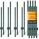 Green Metal Fence Post, Splicing 6 feet, T Post for Garden Fence, 15-Pack | No Dig Metal Stakes with Hooks for Chicken Wire Mesh Fencing, Welded Wire Fence, Steel Poles for Plant Temporary Netting
