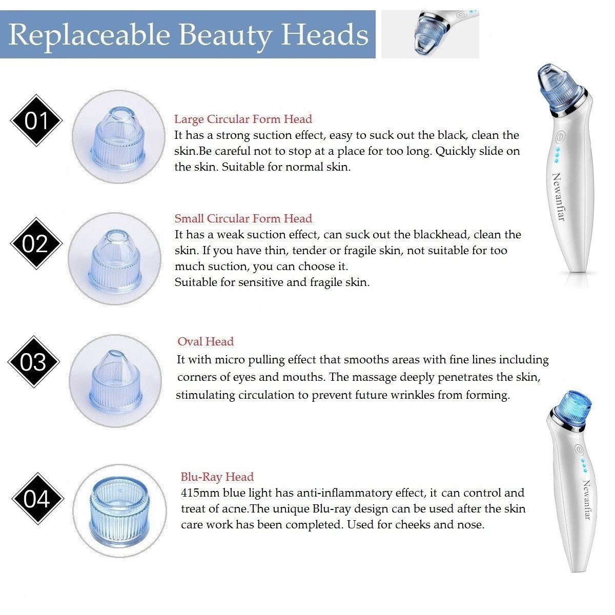Goodsky Limpiador eléctrico de puntos negros y espinillas, portátil, - para la belleza y el cuidado de la piel / 5 cabezales intercambiables / carga de USB (color blanco)