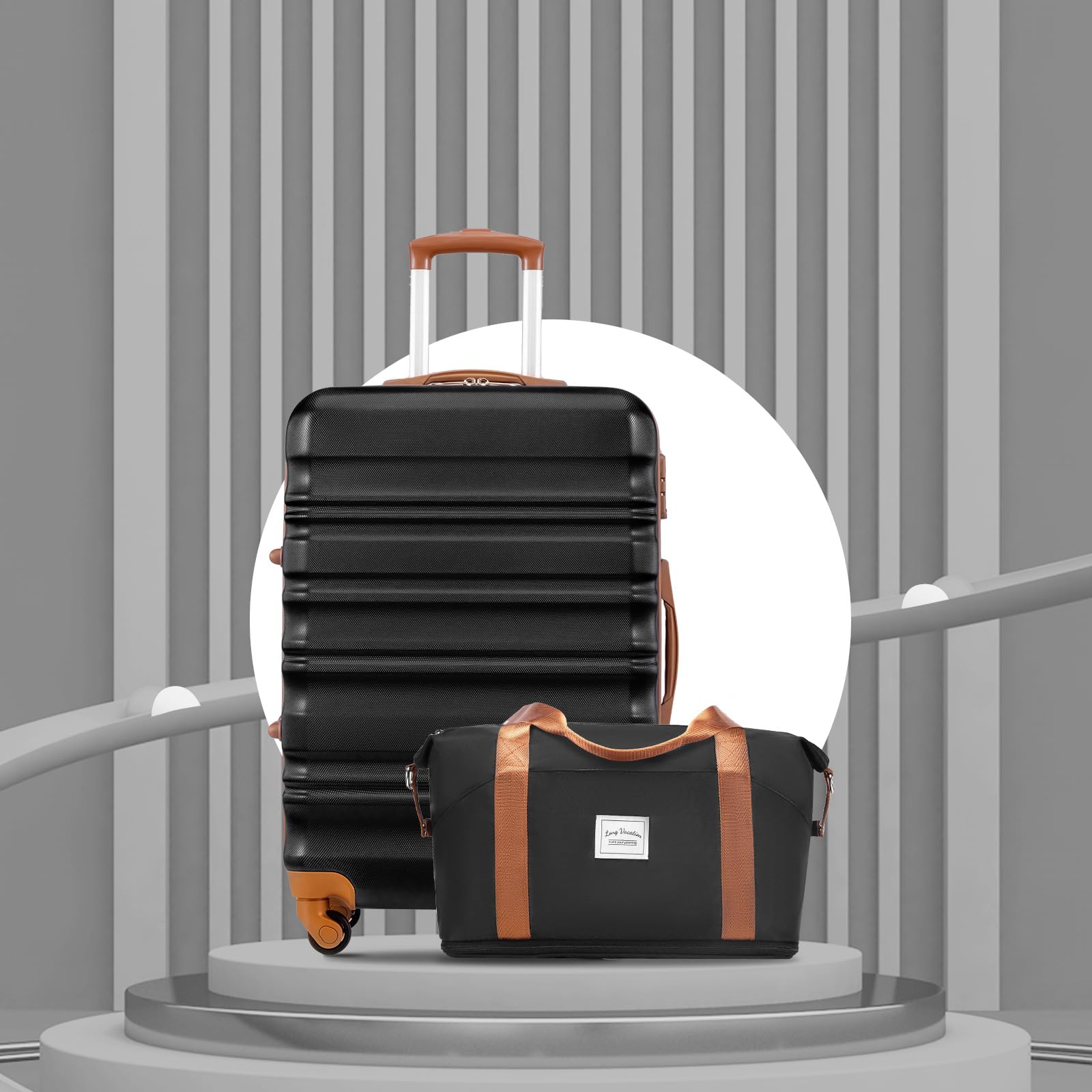 LONG VACATION 6 Piece Luggage Set Carry on Suitcase with ABS+PC hardshell, Spinner Wheels & YKK Zipper TSA Lock (BLACK-BROWN, 6 piece set)