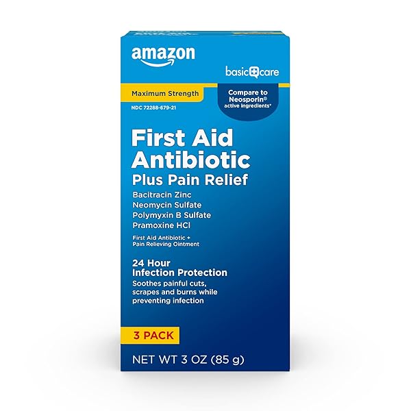 AMAZON BASIC CARE MAXIMUM STRENGTH FIRST AID TRIPLE ANTIBIOTIC OINTMENT, PAIN RELIEF FOR MINOR CUTS, SCRAPES AND BURNS, 3 OUNCE (PACK OF 1)