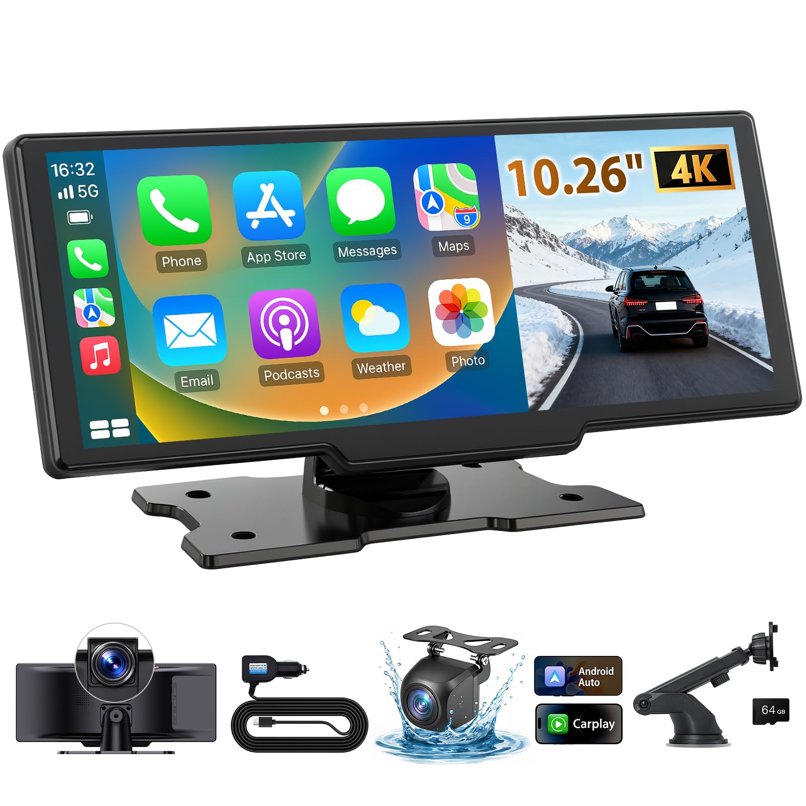 Photo 1 of 10.26" Wireless CarPlay Screen for Car: 4K Dash Cam & 1080P Backup Camera, Portable Touchscreen Car Stereo for Apple Carplay & Android Auto, GPS Navigation, Mirror Link BT FM Voice Control (ADAS)