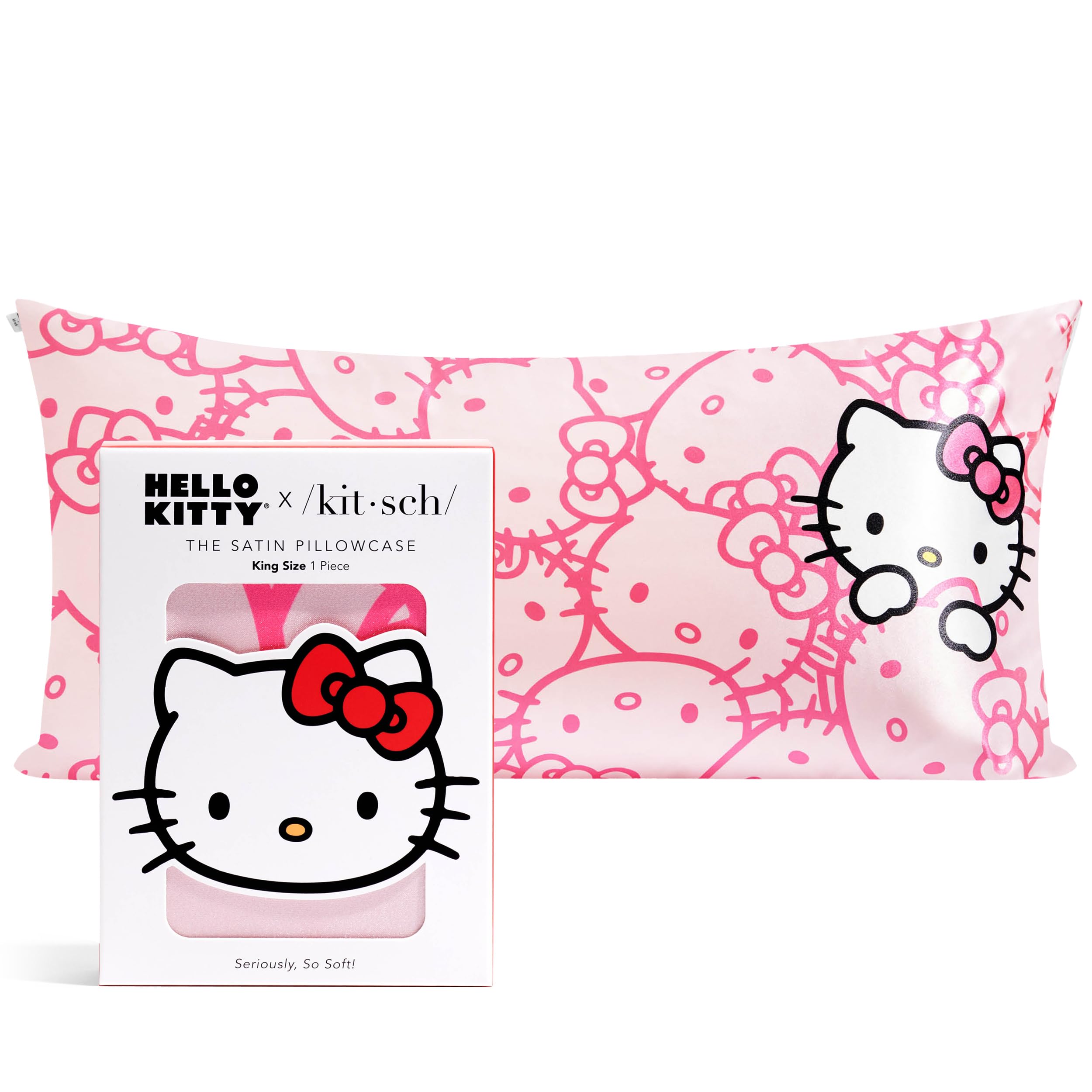 Kitsch x Hello Kitty Satin Pillowcase – Toddler Pillowcase with Zipper – Smooth Cooling Satin Toddler Pillow Case for Hair & Skin – Kids Pillowcase King Size (19x36) - Pink Kitty Faces