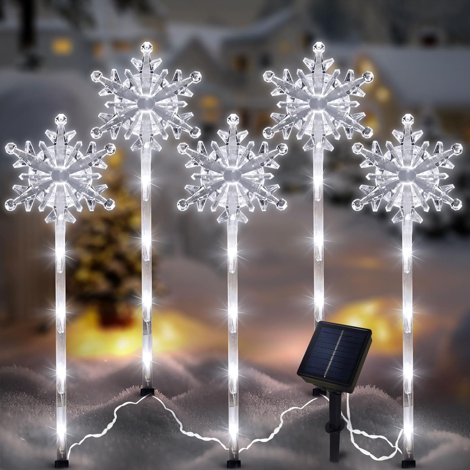 Photo 1 of 5 Pcs Acrylic Solar Pathway Stakes Lights Outdoor Waterproof, 8 Modes Christmas Decorations Outdoor Yard, Solar Christmas Garden Decor Lights (Xmas Snowflake White)