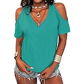 Eurivicy Women's Summer Cold Shoulder T-Shirt Casual Short Sleeve V Neck Blouse Top