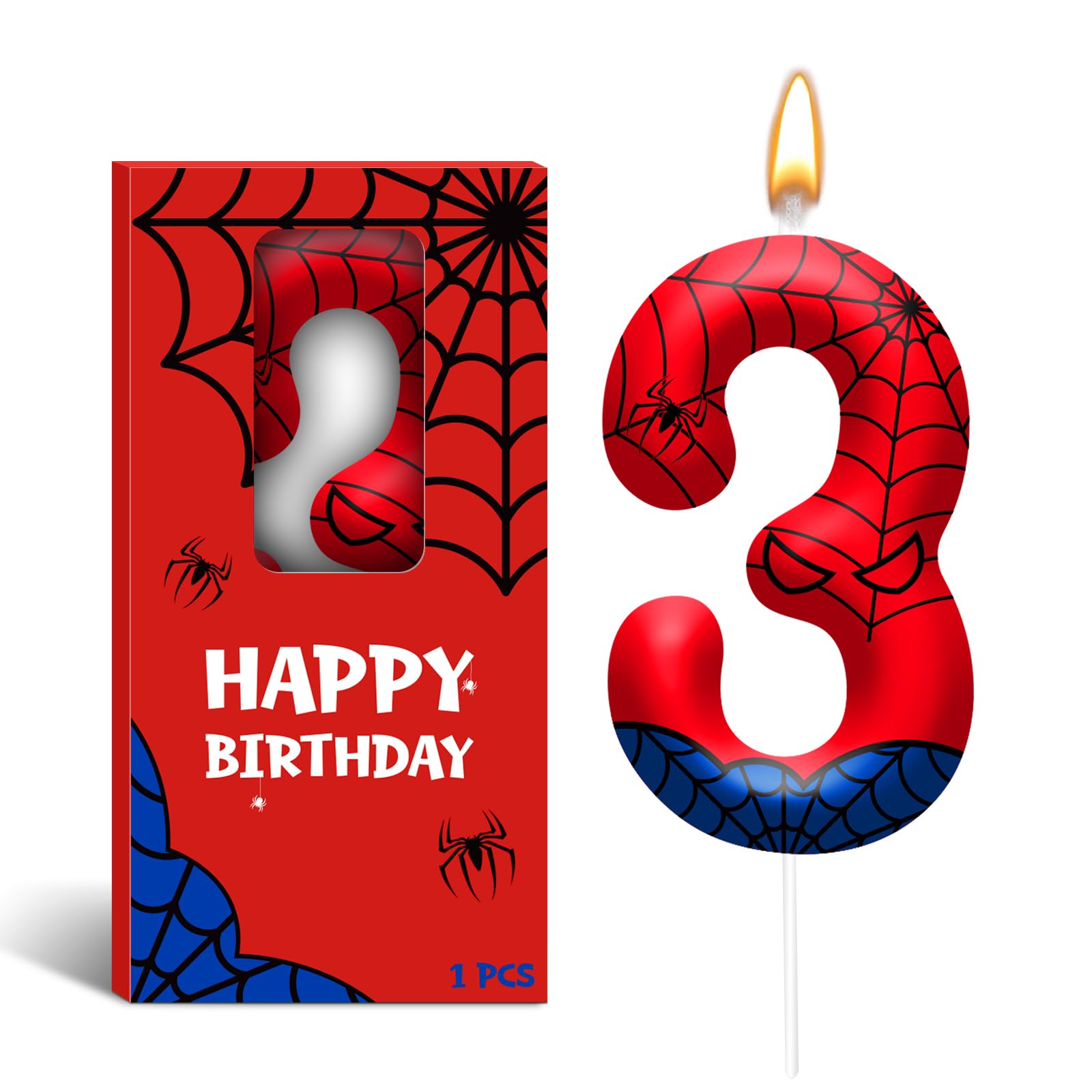 Spider Themed Birthday Candles Number 3 Red Blue Spider Web Themed Cake Topper Candle Party Decoration Birthday Party Celebrations Supplies Favors (Number 3)