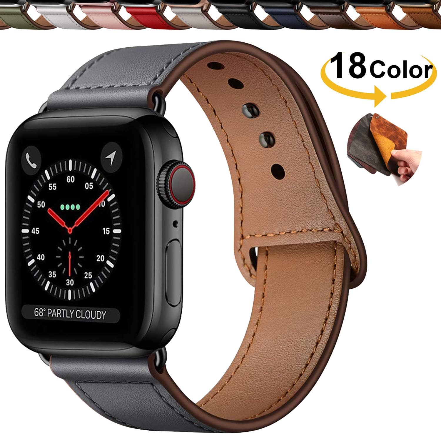 Chok Idea Innovative Buckle Genuine Leather Strap Compatible With Apple Watch Series 5 & 4 3/2/1,Covert Buckle Ensure Clean Fit Watchband Replacment for iWatch 40mm 38mm,Dark Grey