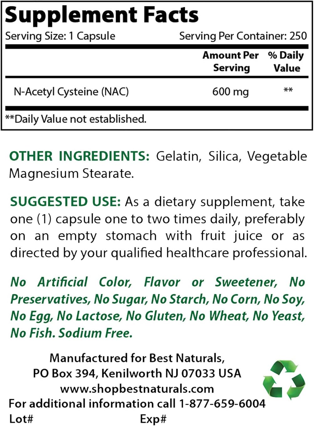 Best Naturals NAC N-Acetyl-Cysteine 600 mg 250 Capsules: Health & Personal Care