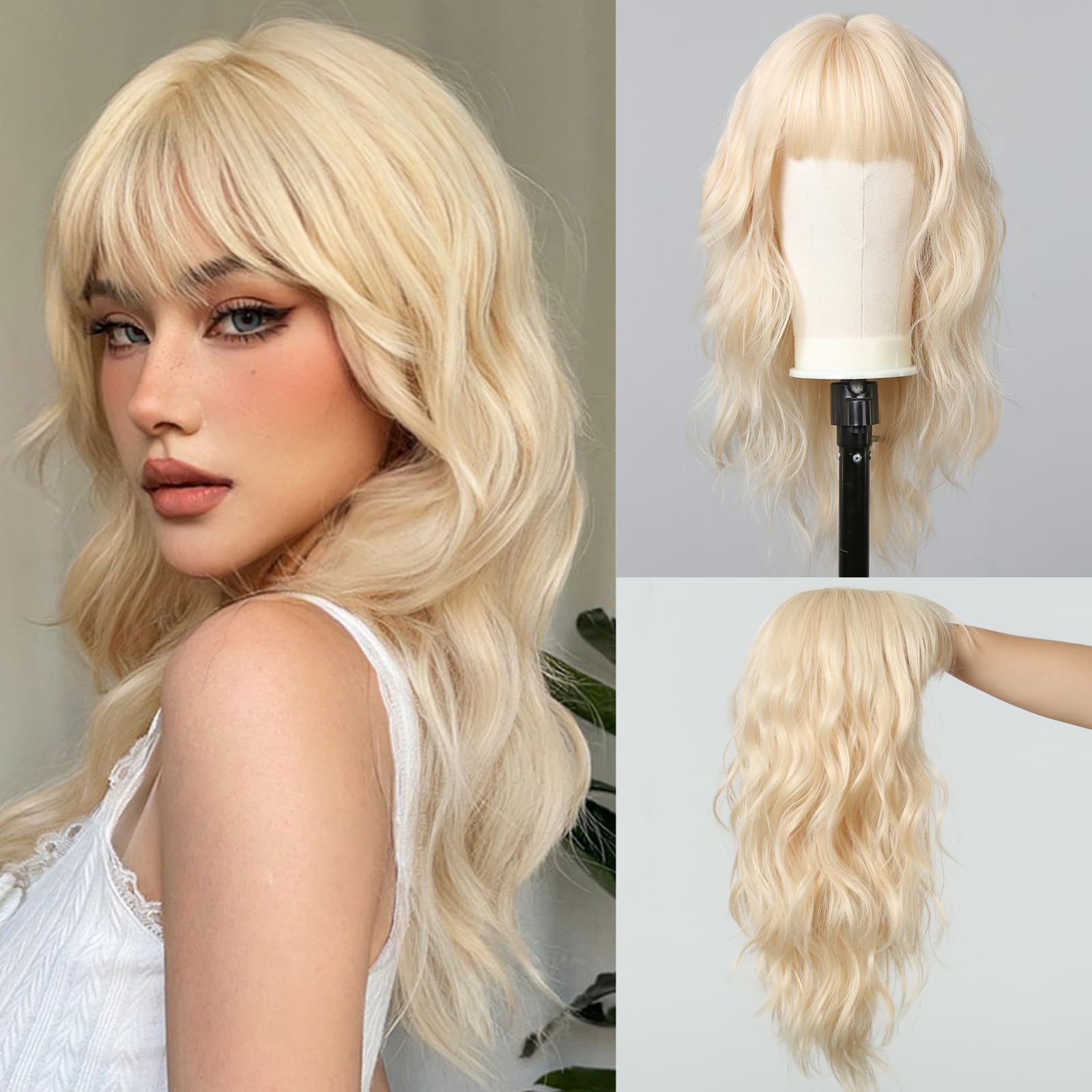 Testar Blonde Wig for White Women - 22 Inch Platinum With Bangs, Hair Replacement, Realistic Looking Synthetic Curly for Daily Party Use — image 1