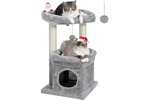 PEQULTI Cat Tree Tower for Indoor Cats with Private Cozy Cat Condo, Natural Sisal Scratching Posts and Plush Pom-pom for Small Cats