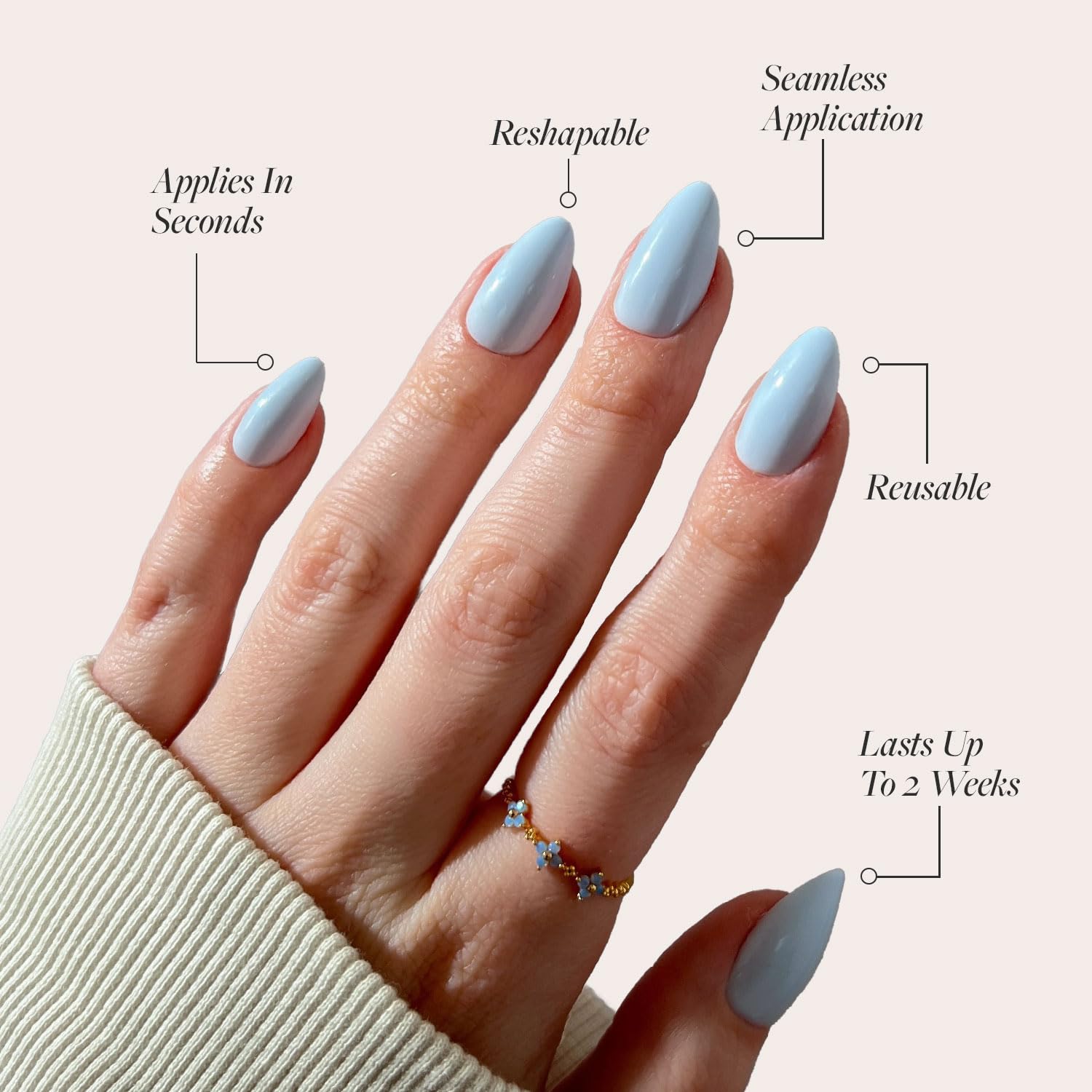 Glamnetic Press On Nails - Blueberry Milk | Solid Opaque Light Blue Short Almond Nails, Reusable | 15 Sizes - 30 Nail Kit - Image 3