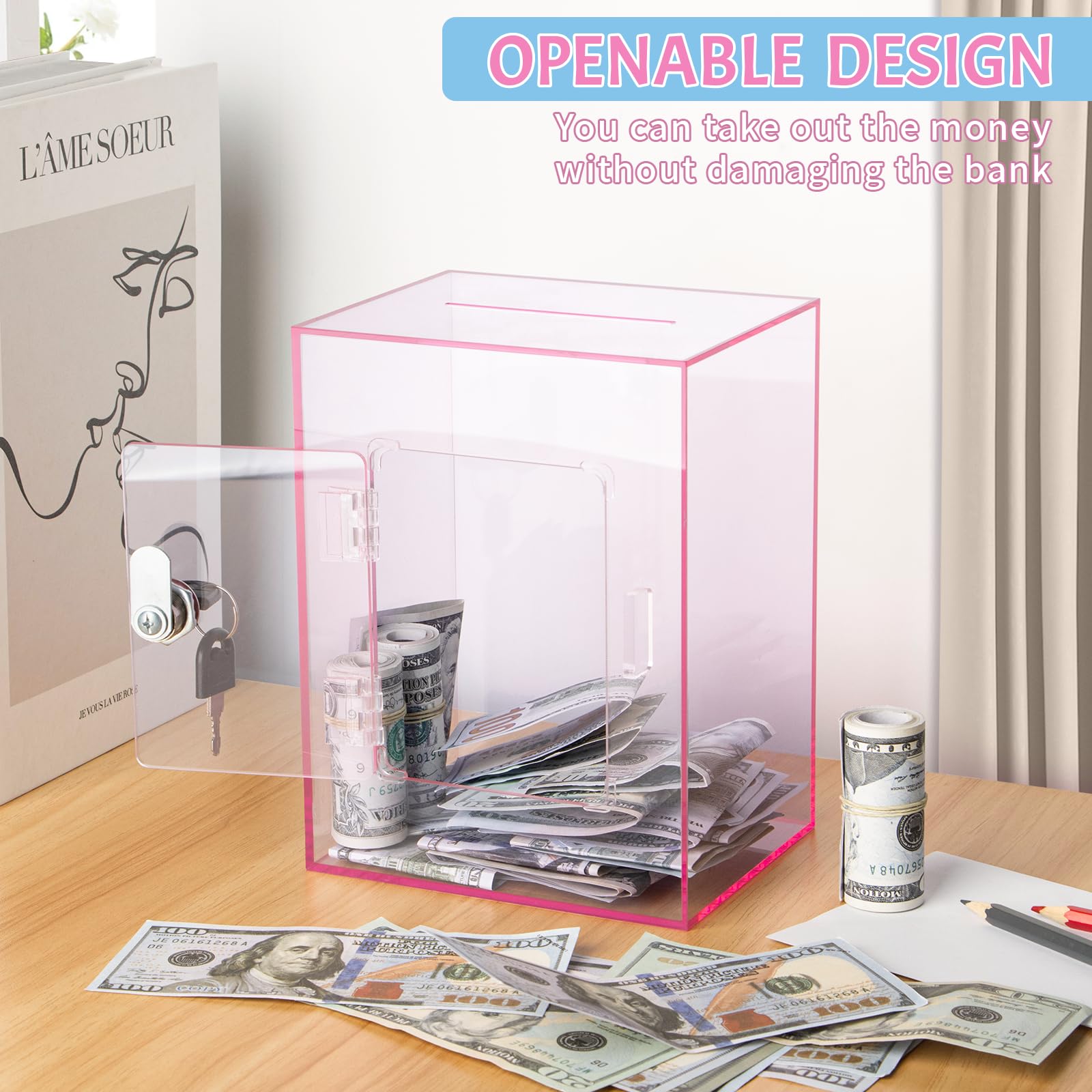 Clear Piggy Bank for Adults Kids, Large Acrylic Piggy Bank Money Saving Box for Cash Saving with Key, Openable Clear Acrylic Savings Jar for Real Money (Pink)