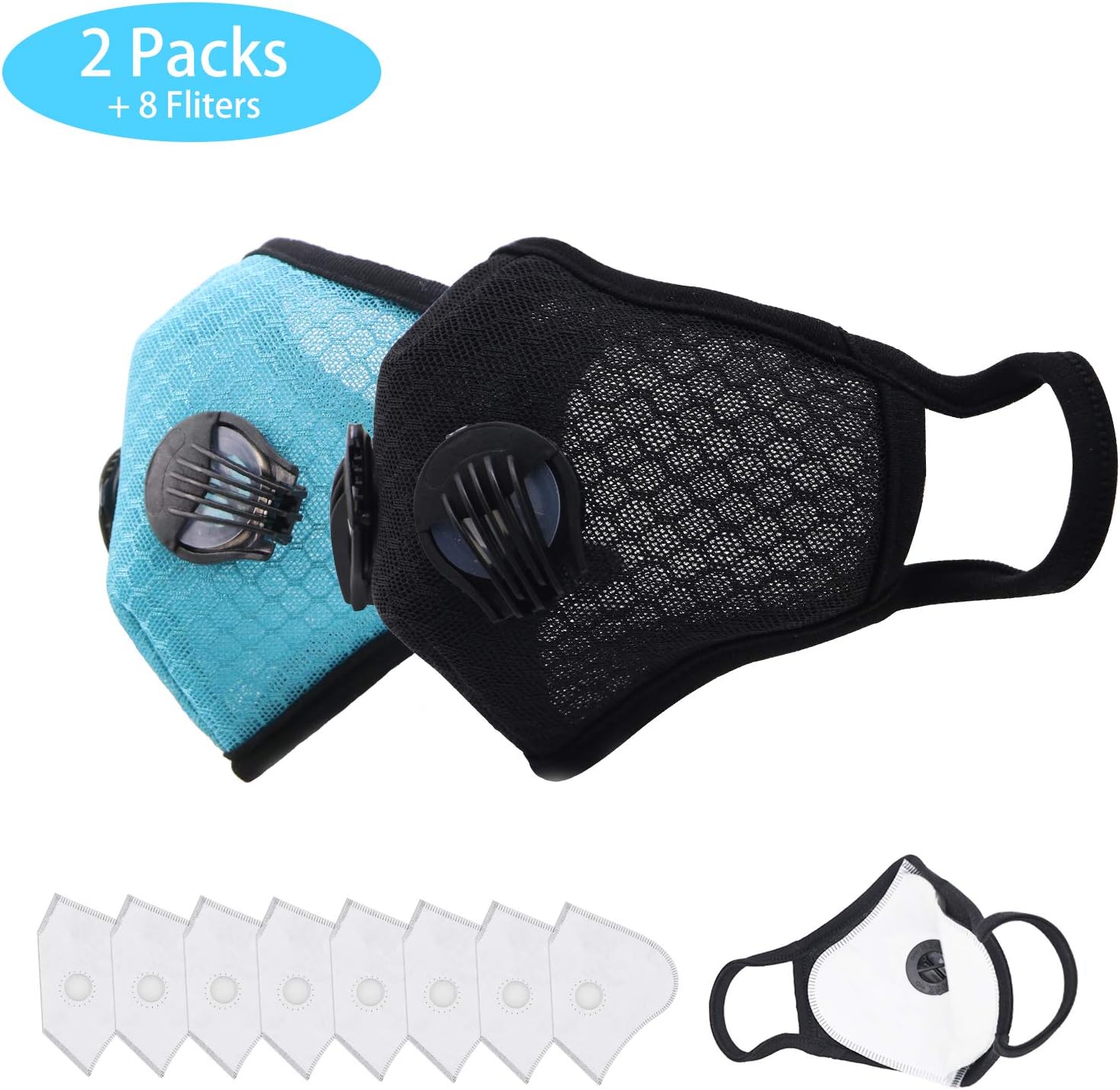 Dust Breathing Mask, Reusable Activated Carbon Dustproof Masks, 2 Breathing Mask with 8 Extra Carbon N95 Filters for Pollen Allergy Woodworking Mowing Running Cycling Outdoor Activities(Black and Blu