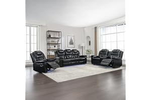 Olodumare 3 Pcs Living Room Furniture Sets,Sectional Recliner Leather Sofa Sets,Home Theater Seating Manual Recliner Sofa with Center Console and LED Light Strip for Living Room,Office. Black（3+2+1）