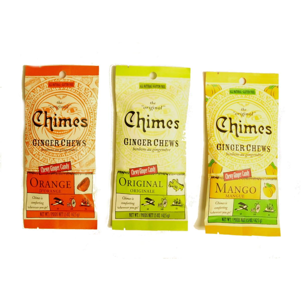 Chimes' Ginger Chews Variety 3 Pack Original Mango and Orange Free