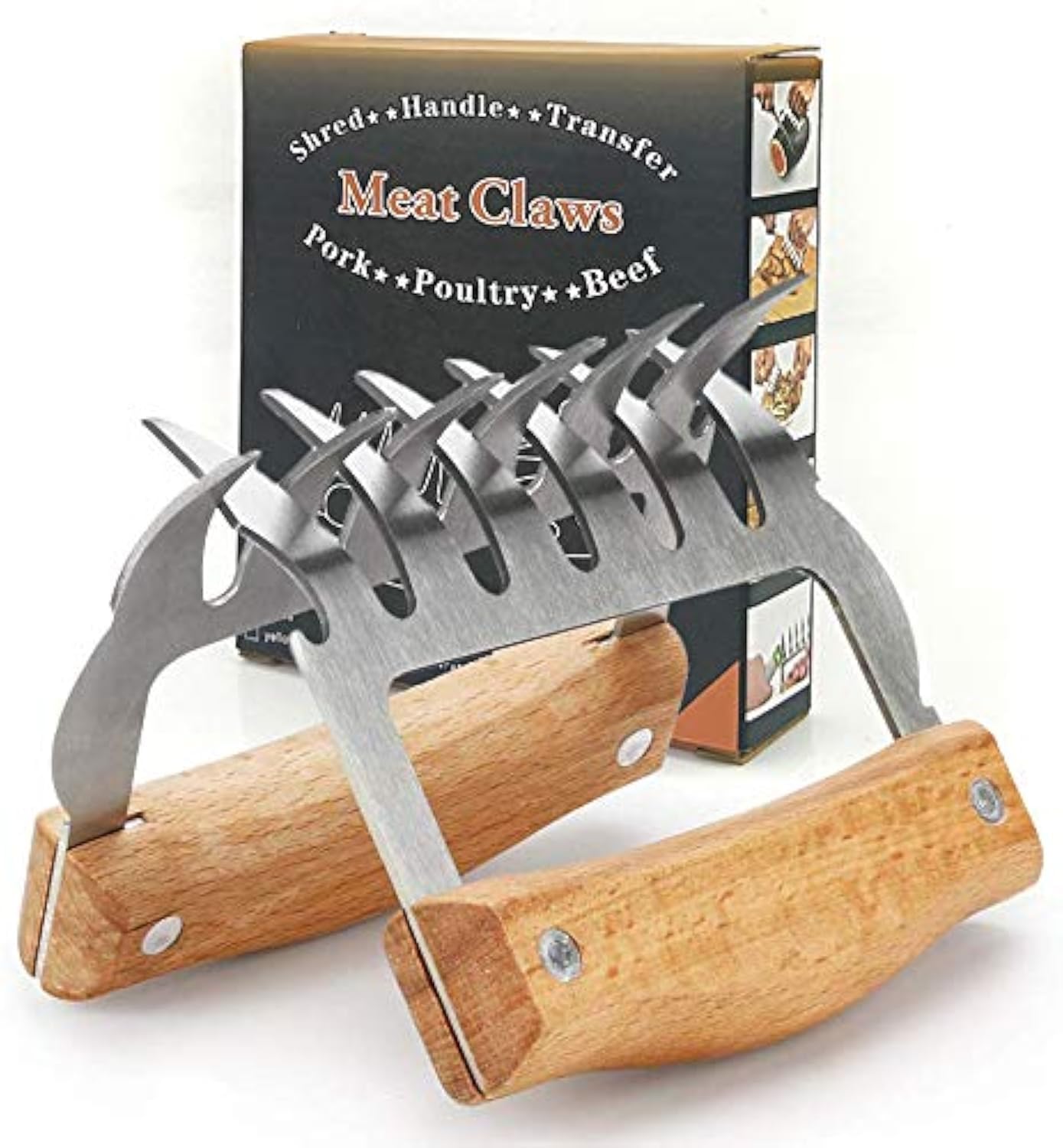 Meat Claws, Bear Claws Meat Shredder for BBQ,2 Pcs Stainless Steel Meat Forks with Wooden Handle,Pork Beef Chicken Shredder Claws