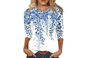 AMOBER Womens Tops 3/4 Sleeve Crewneck Cute Shirts Casual Print Trendy Tops Three Guarter Length T Shirt Summer Pullover