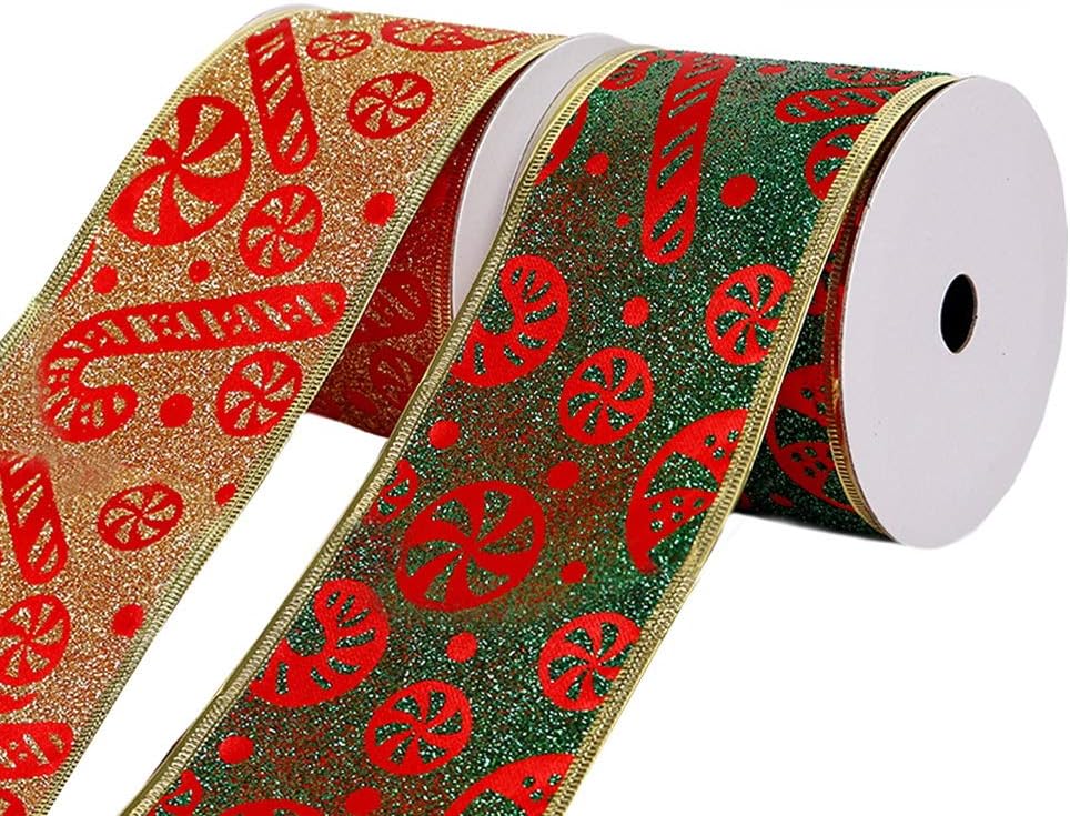 2 Rolls Christmas Ribbons for Gift Wrapping Candy Christmas Wired Ribbon for Christmas