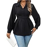Floerns Women's Plus Size Lantern Long Sleeve Collared Button Down Shirt Flared Hem Belted Peplum Blouses