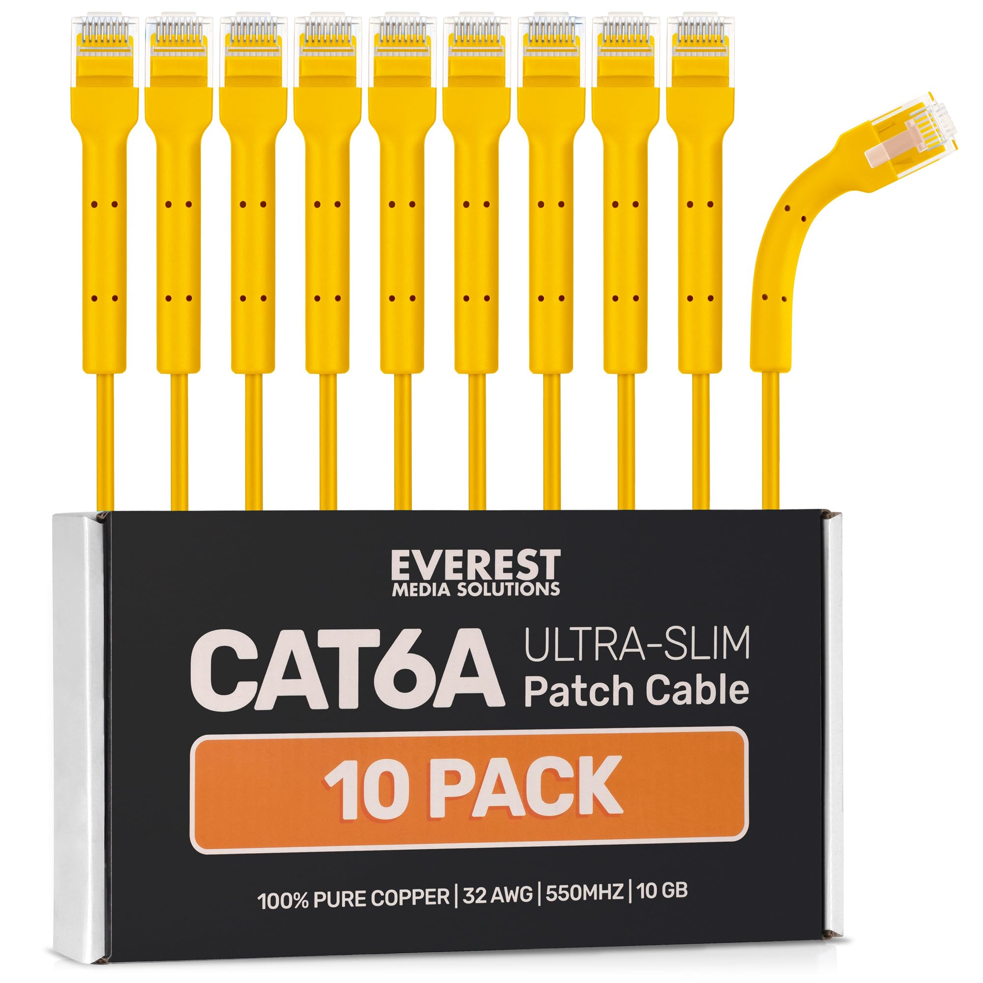 Photo 1 of Everest Ultra Slim Cat6a Ethernet Patch Cables 0.5ft (10-Pack) Yellow - 6 Inch 10GB Cat 6a Patch Cable - Bendable, Flexible & Thin Ethernet Cable - 32AWG 550MHZ Cat6a Cables - 100% Copper Wires