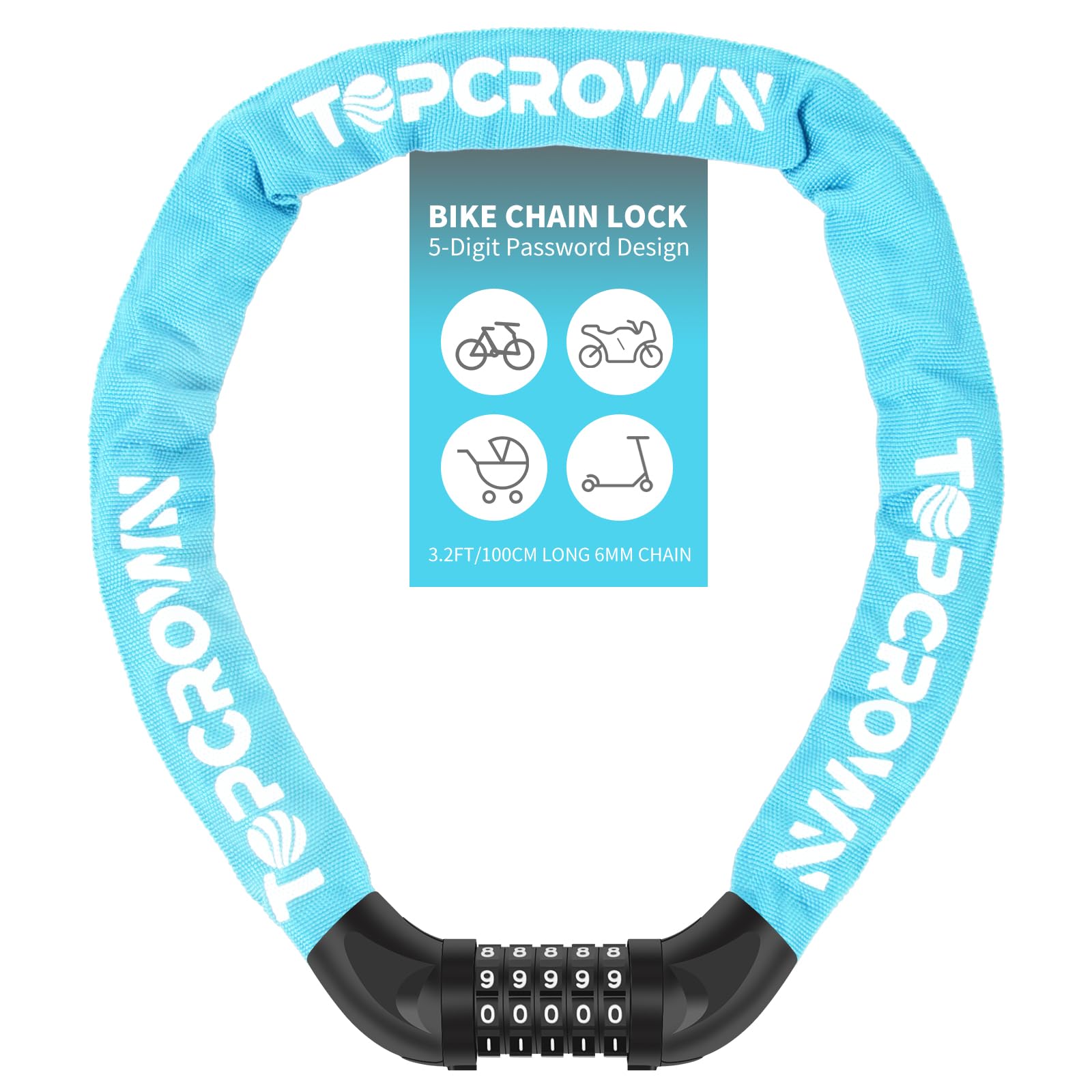 Bike Chain Lock 3.2 ft Long High Security Heavy Duty Anti Theft, 5 Digit Combination Resettable Keyless Bicycle Lock for Bike/Electric Scooter/Ebike/Motorcycle (Sky Blue)