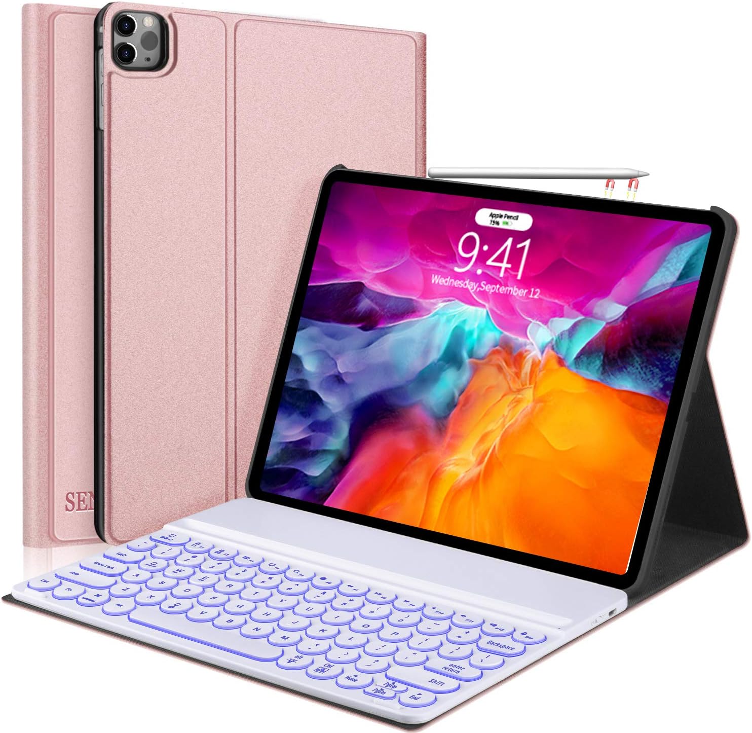 iPad Pro 12.9 4th Generation Case with Keyboard [Support Apple Pencil Charging] - iPad Pro 12.9 3rd Gen - Detachable Wireless Backlit Keyboard for iPad Pro 12.9 2020/2018, Rose Gold