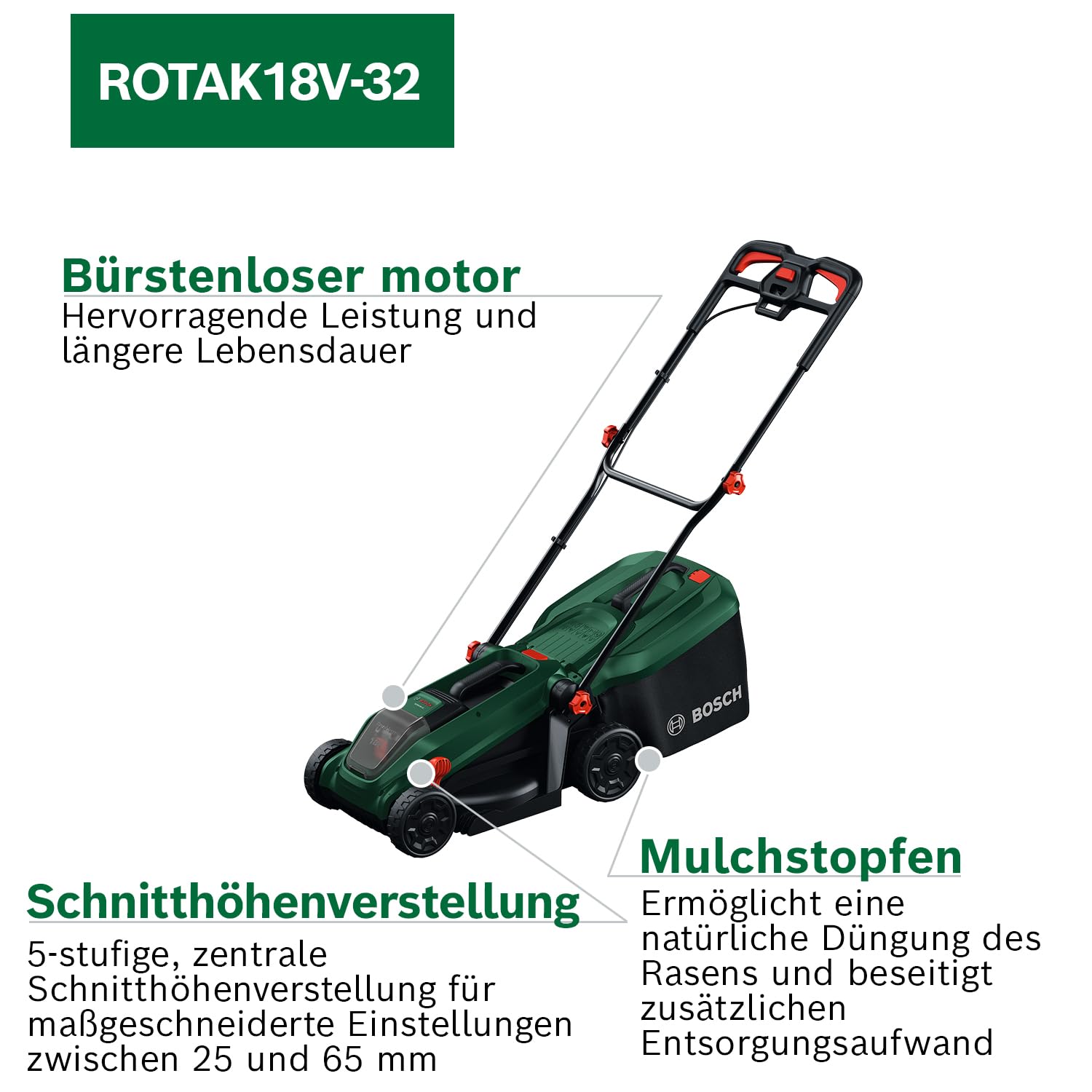 Bosch Akku-Rasenmäher ROTAK18V-32 (Schnittbreite: 32 cm, Schnitthöhe: 25-65 mm, 35 l Stoff-Grasfangkorb, Mulchstopfen, inkl. Akku und Ladegerät) 3