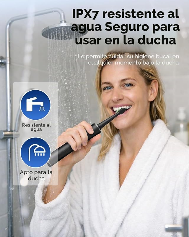 Cepillo de Dientes Eléctrico Sónico – Limpieza Profunda para Encías Sensibles, 5 Modos, 45 Días de Batería, 8 Cabezales, IPX7 Impermeable, Temporizador Inteligente, Ideal para Viajes (Negro)