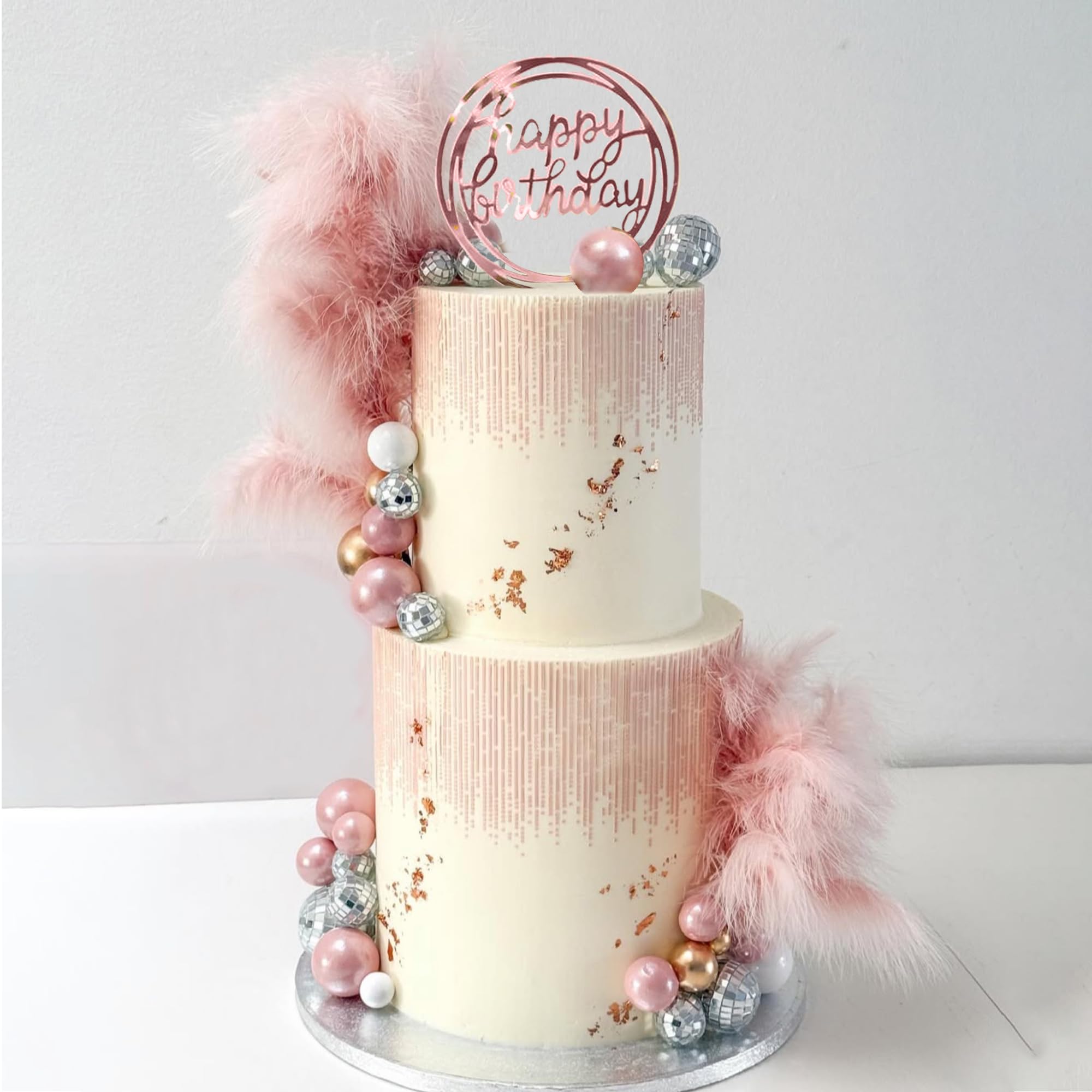 Photo 1 of Balls Cake Topper Disco Balls Boho Artificial Feathers Cake Decorations for Boho Themed Party Supplies (Pink)
