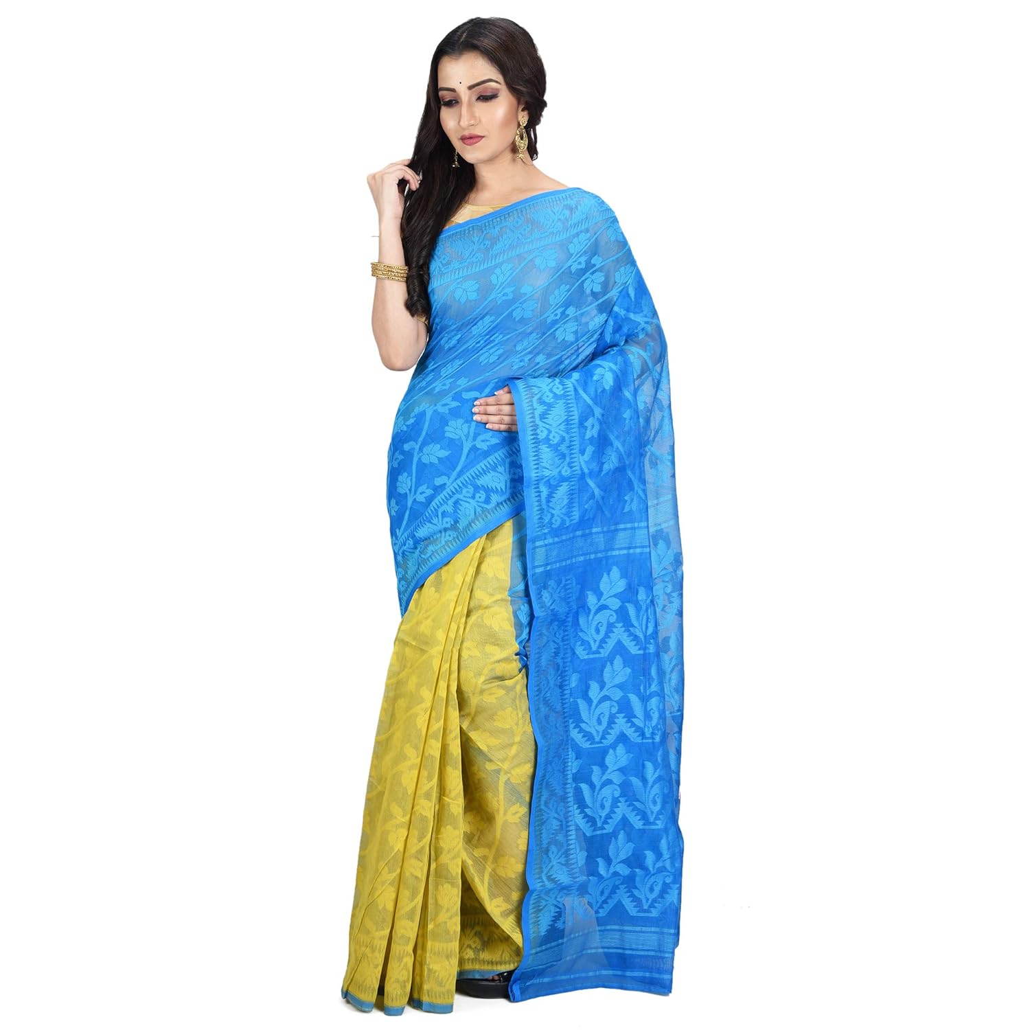 Buy S B Fashion Sky Blue And Yellow Soft Cotton Dhakai Jamdani Saree At Amazon In