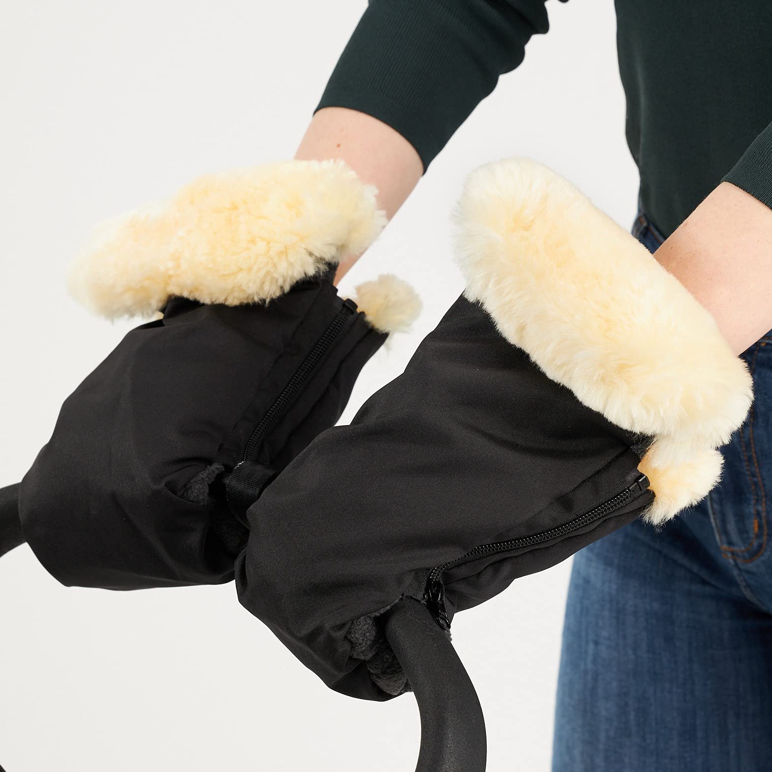 Naturally Sheepskins Handmuffs Weatherproof Fleece lined with Merino Lambskin Cuff (Black)