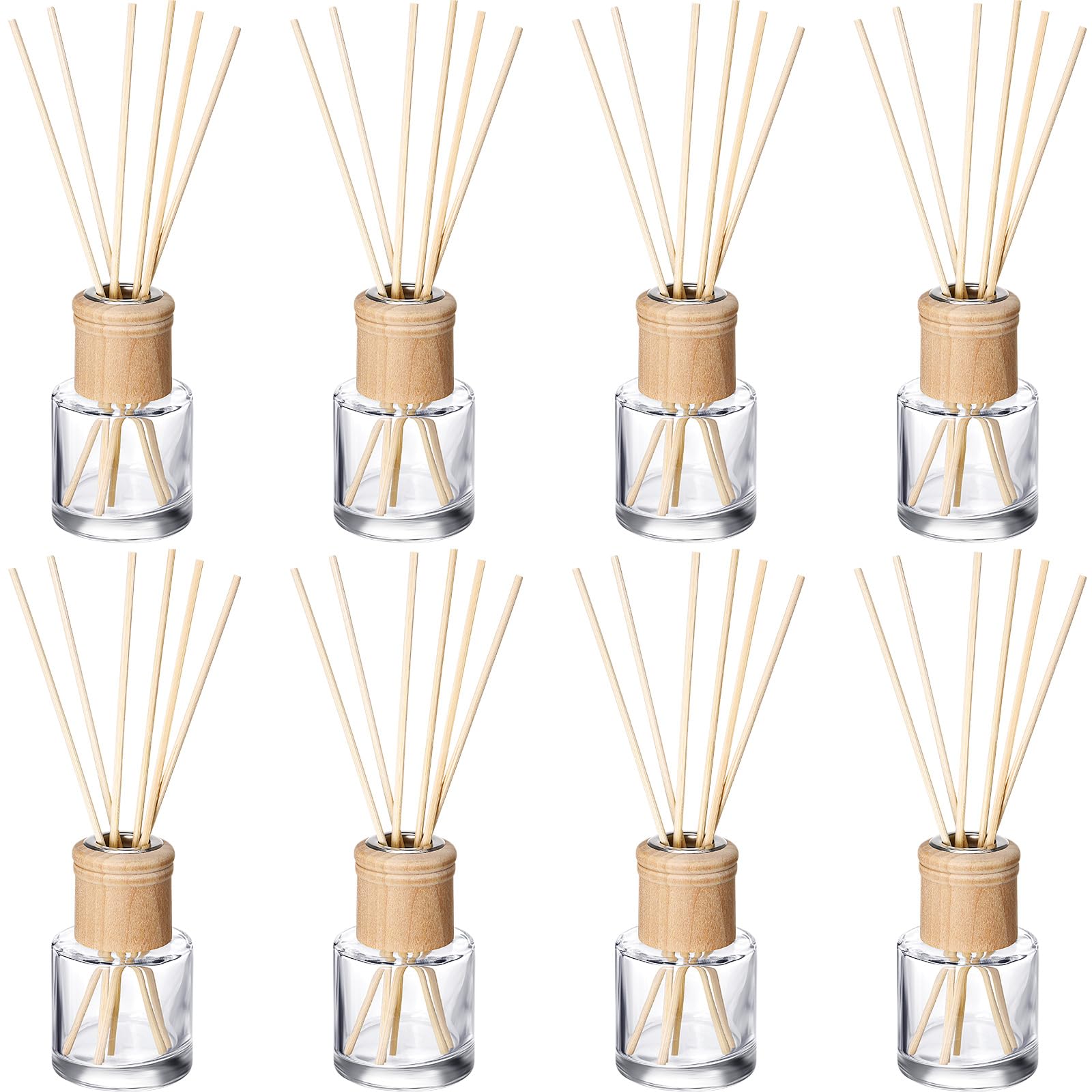 Photo 1 of Roshtia 8 Set Reed Diffuser Bottle Empty Refillable Fragrance Glass Diffuser Bottles Set with Wooden Caps Rattan Sticks 50ml 1.7 oz Round Glass Jars for DIY Fragrance