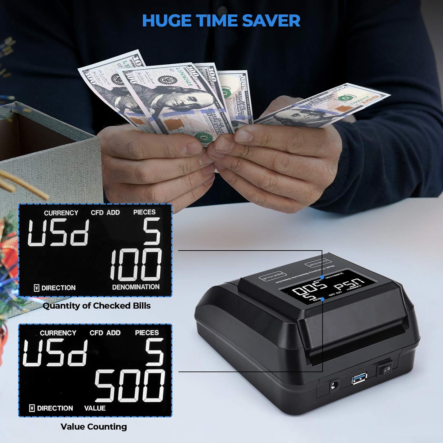 MUNBYN Portable Counterfeit Bill Detector Machine, Value Counting, 4 Orientation, Ultra-Compact, UV MG IR Detection, Multi Currency, Rechargeable Counterfeits Money Detector for Cashier, Driver : Office Products