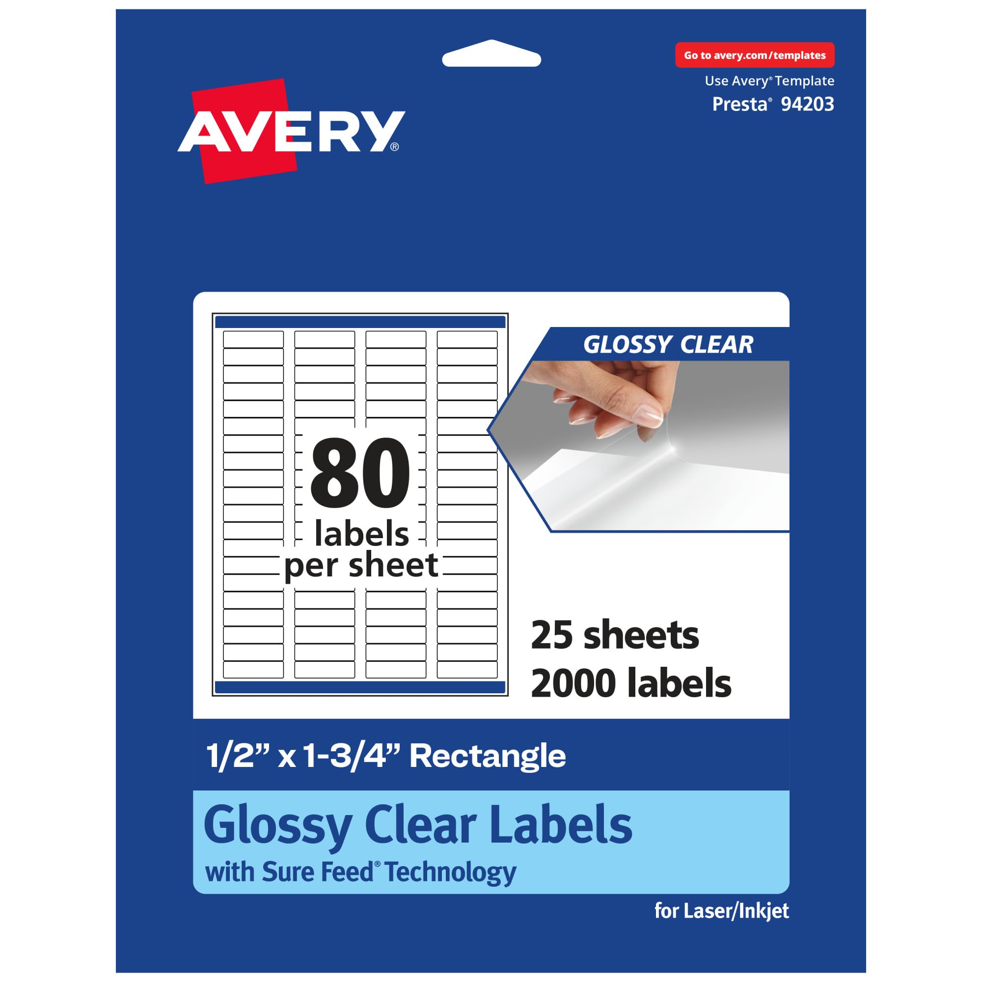 Avery Glossy Clear Rectangle Labels, Sure Feed Technology, 0.5″ x 1.75″, 2,000 Glossy Clear Labels, Laser/Inkjet Printable